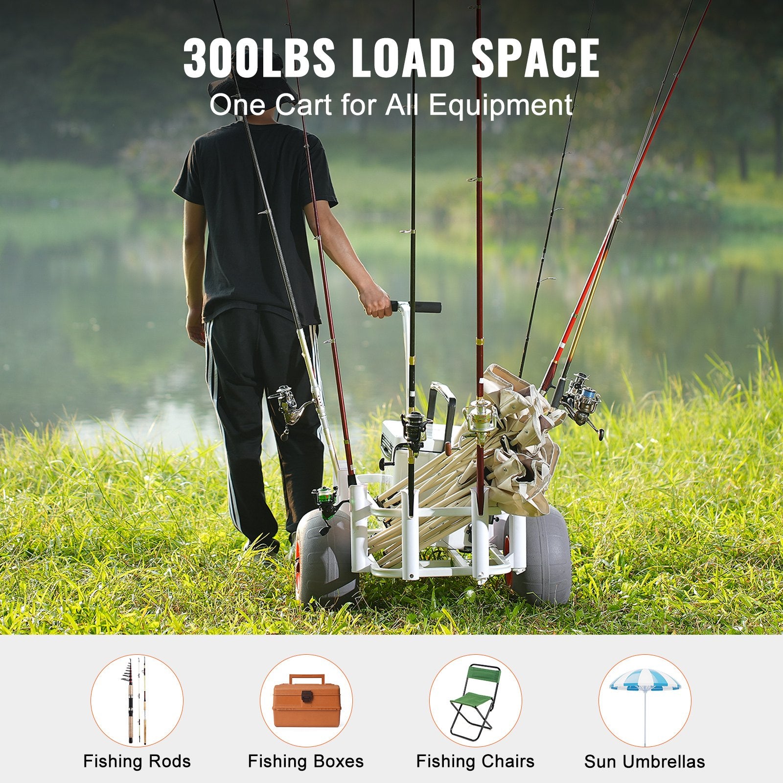Beach Fishing Cart 136kg Aluminum Wagon with 330mm PU Wheels 8 Rod Holders