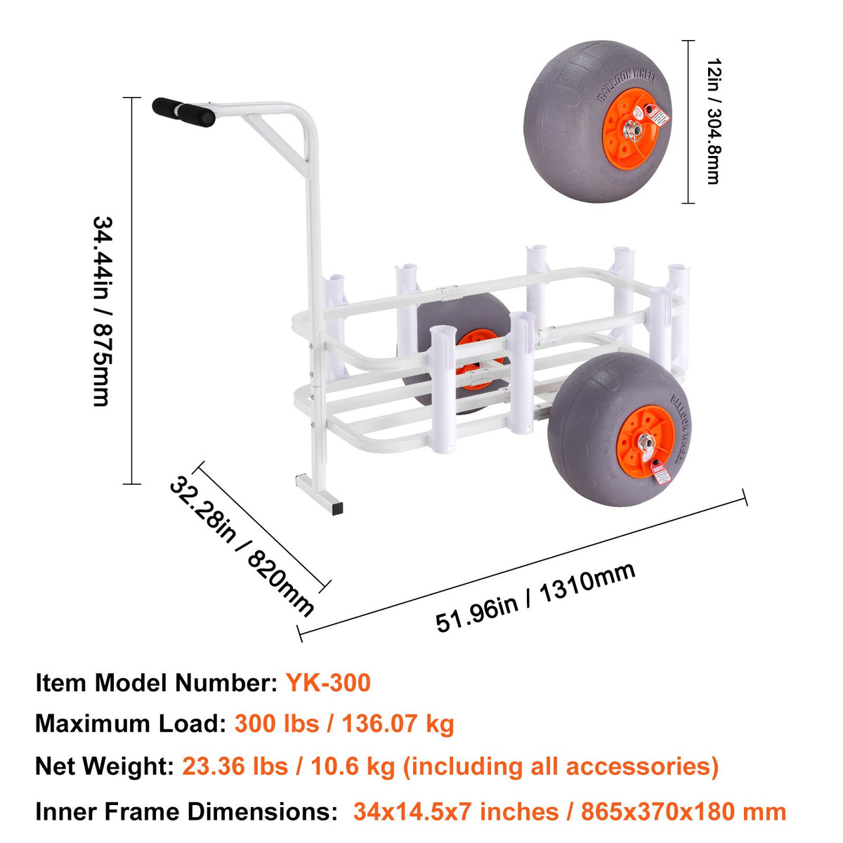 Beach Fishing Cart 136kg Aluminum Wagon with 330mm PU Wheels 8 Rod Holders