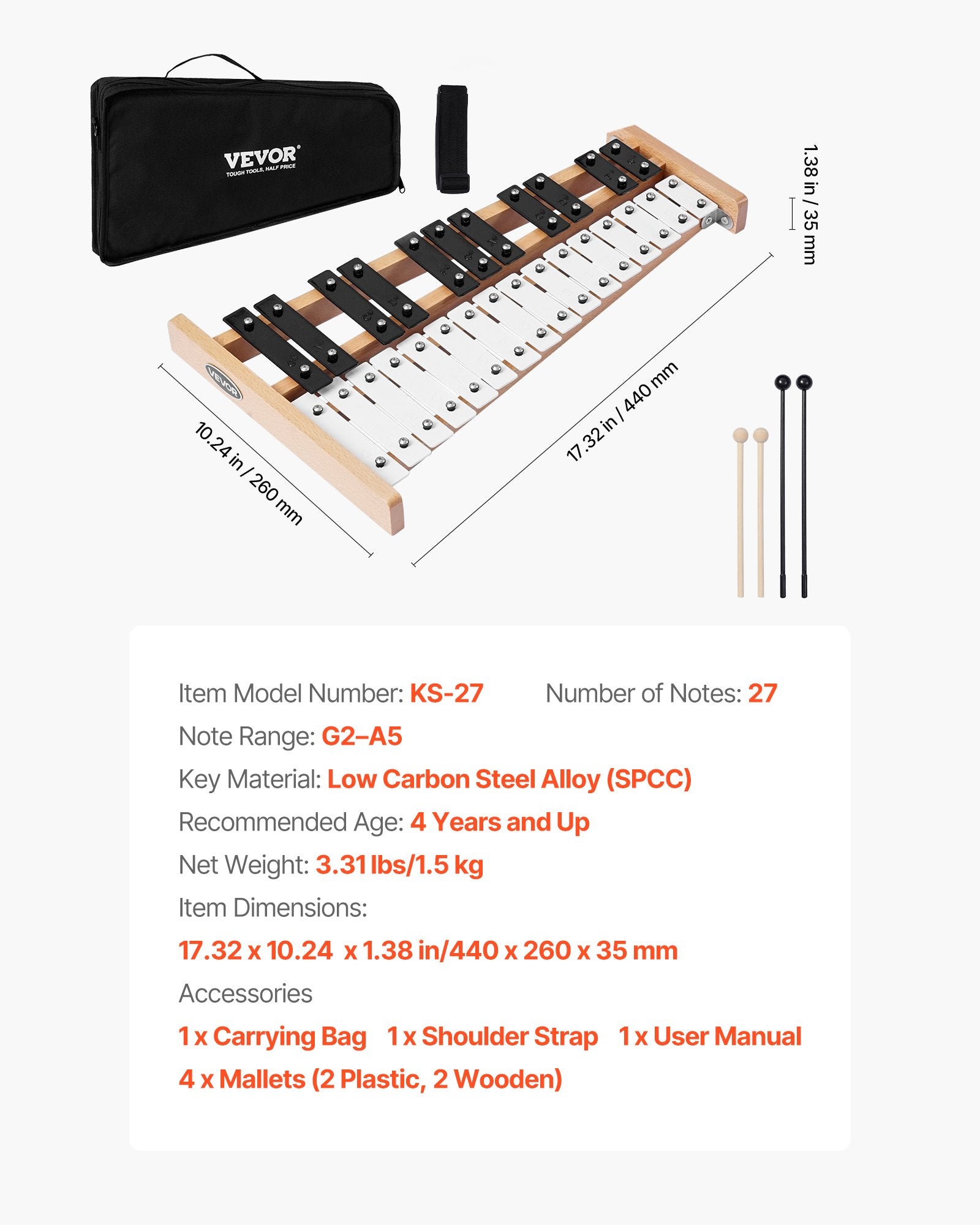 Glockenspiel Xylophone 27-Note Percussion Metal Keys Mallets Carry Bag