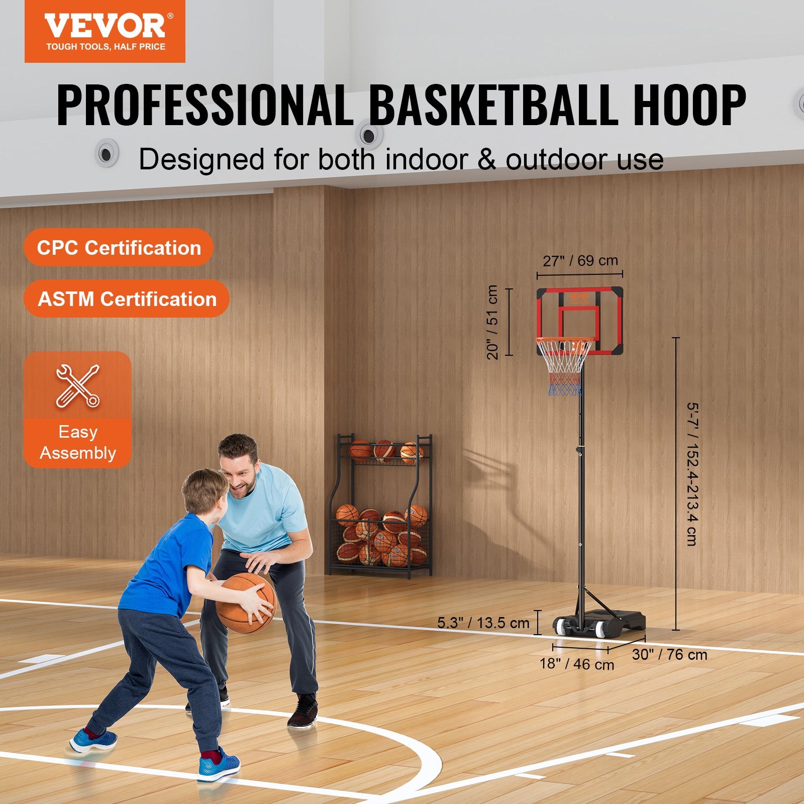 Basketball Hoop 28in Adjustable 5-7ft Portable Backboard System with Wheels Base
