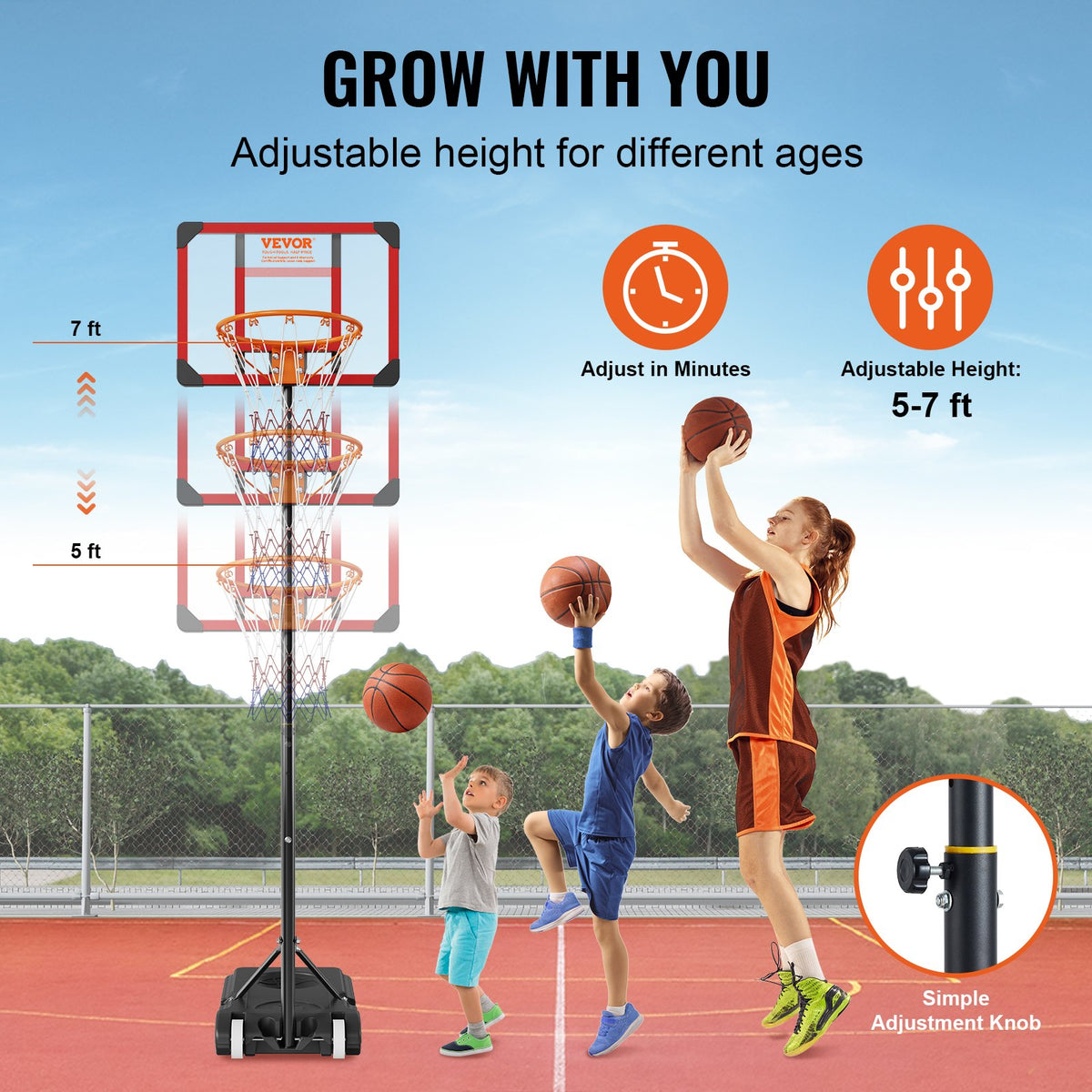 Basketball Hoop 28in Adjustable 5-7ft Portable Backboard System with Wheels Base