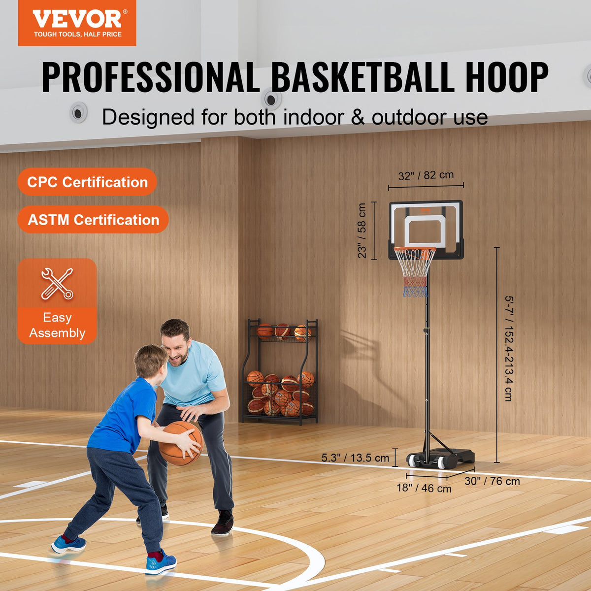 Basketball Hoop 32" Adjustable 5-7ft Portable Backboard System with Wheels &Base
