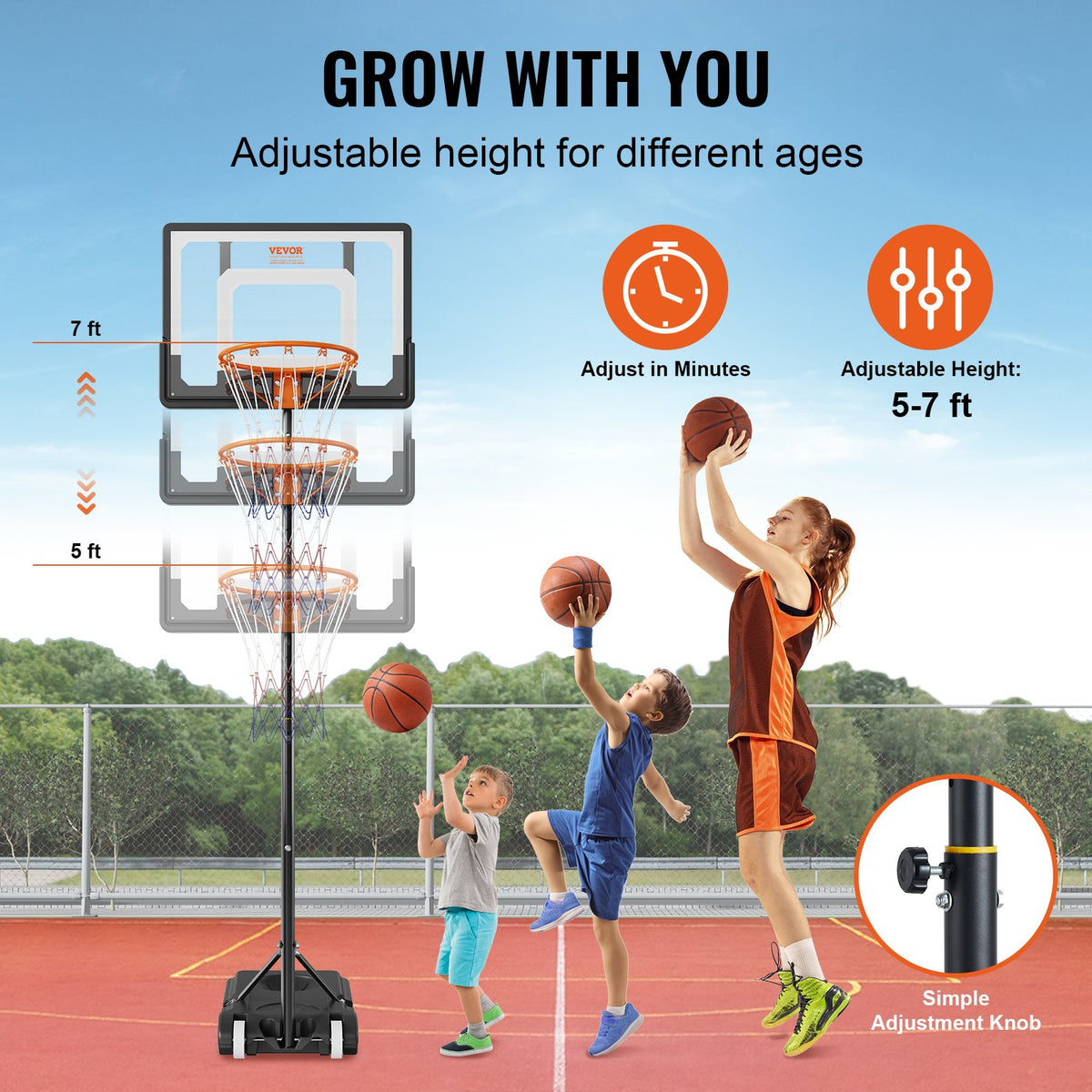Basketball Hoop 32" Adjustable 5-7ft Portable Backboard System with Wheels &Base
