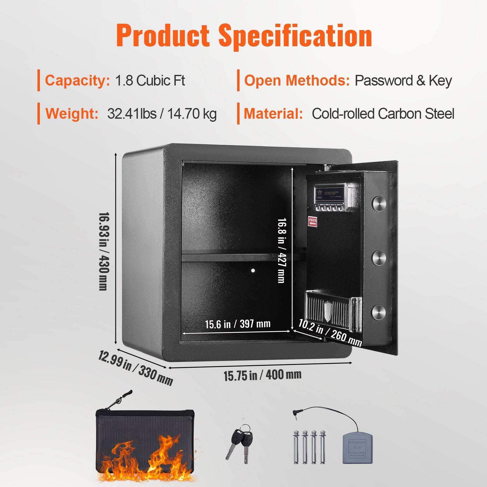 1.8 Cu Ft Steel Home Safe with Digital Keypad, 2 Keys & Fireproof Bag