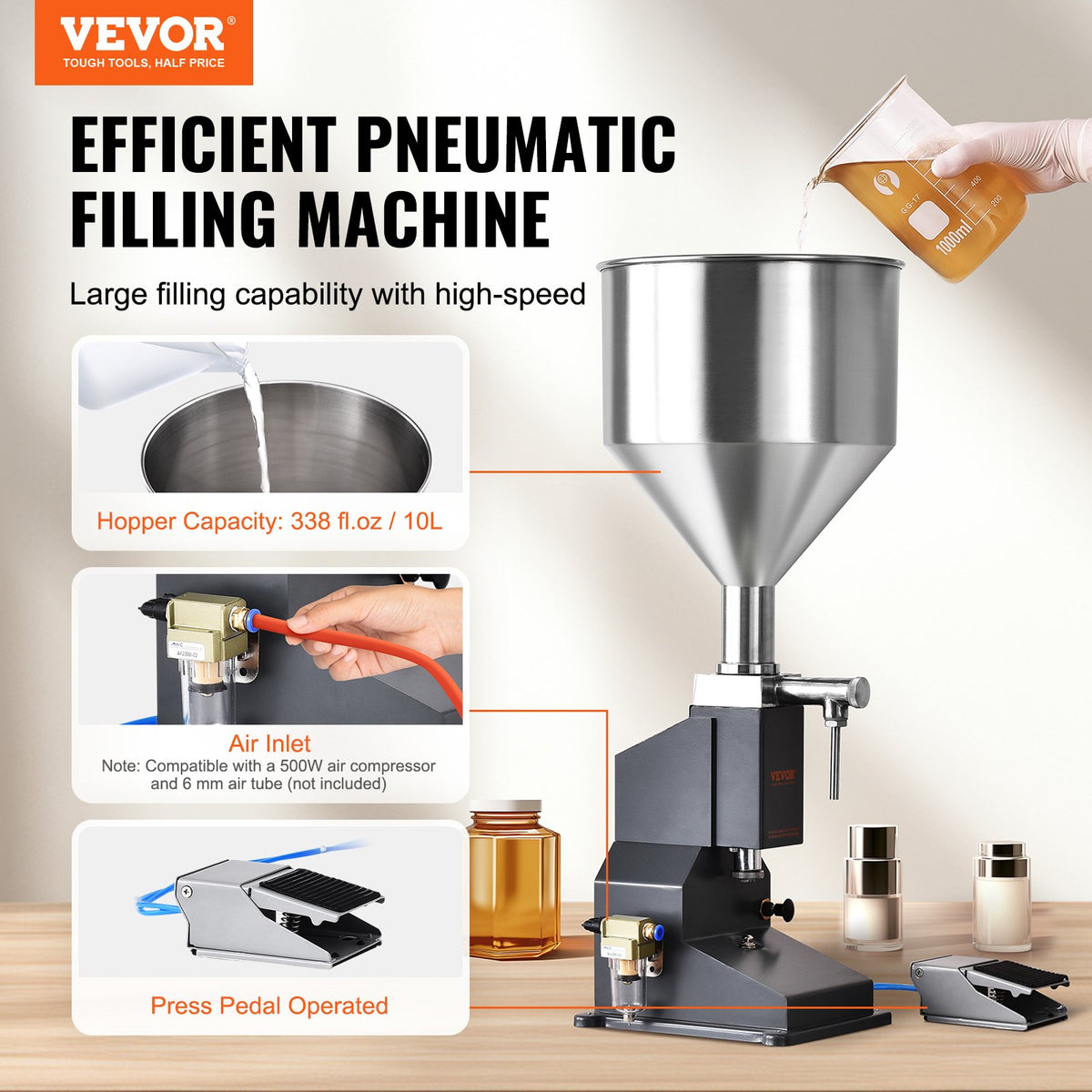 Pneumatic Paste Liquid Filling Machine 5-50ml Stainless Steel Filler w/ Pedal