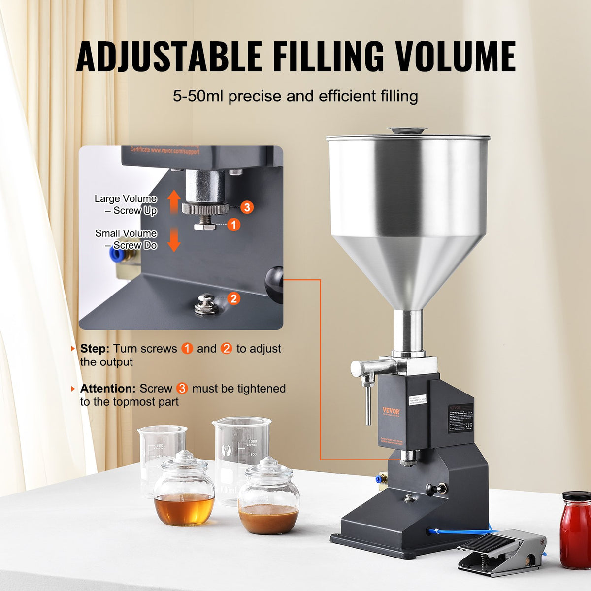 Pneumatic Paste Liquid Filling Machine 5-50ml Stainless Steel Filler w/ Pedal