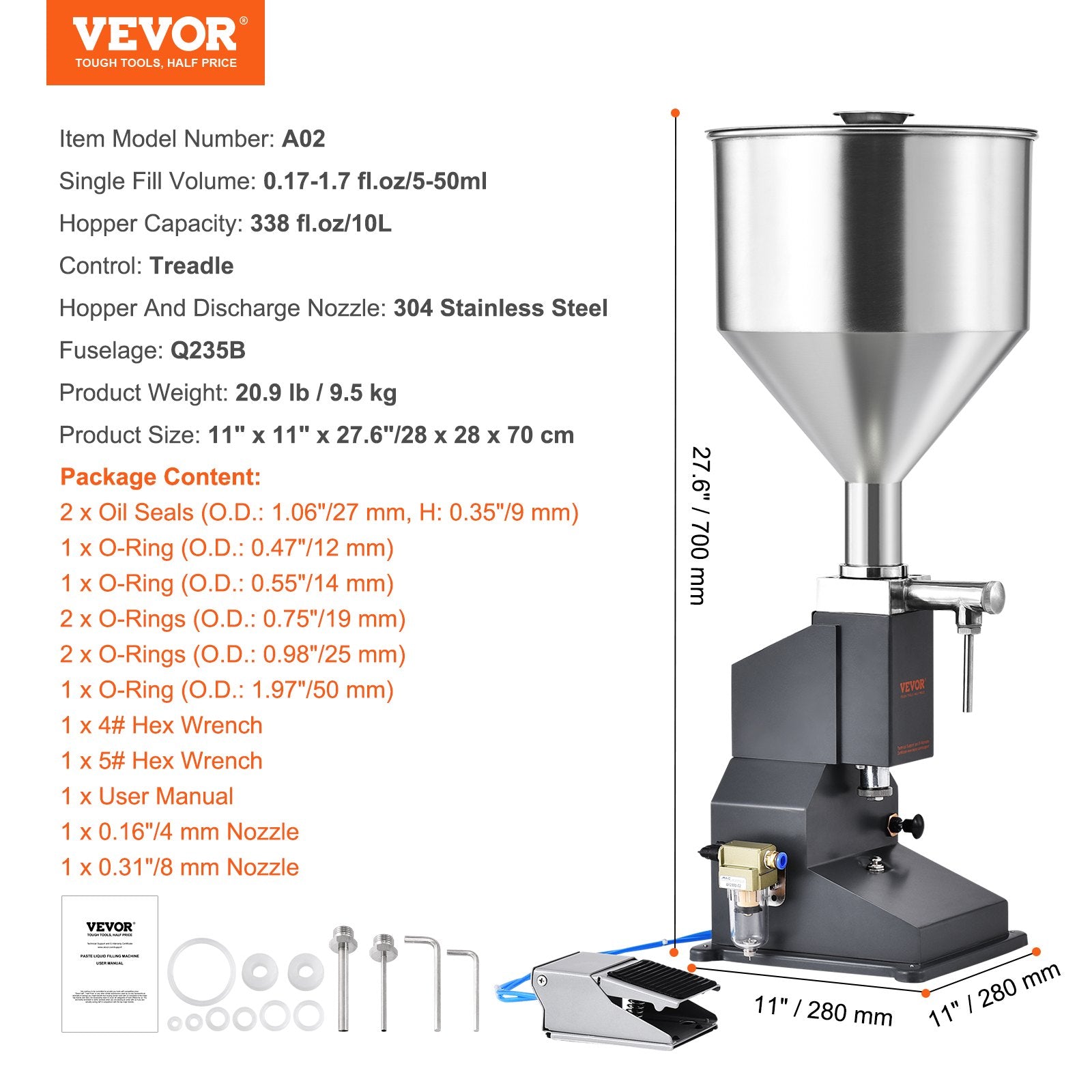 Pneumatic Paste Liquid Filling Machine 5-50ml Stainless Steel Filler w/ Pedal