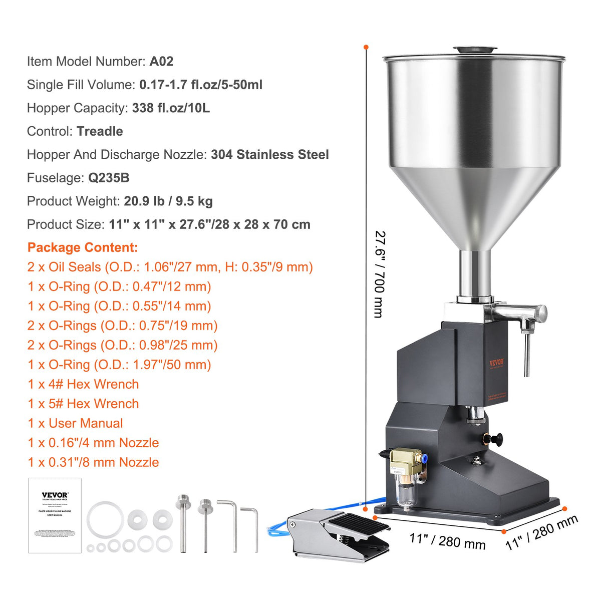 Pneumatic Paste Liquid Filling Machine 5-50ml Stainless Steel Filler w/ Pedal