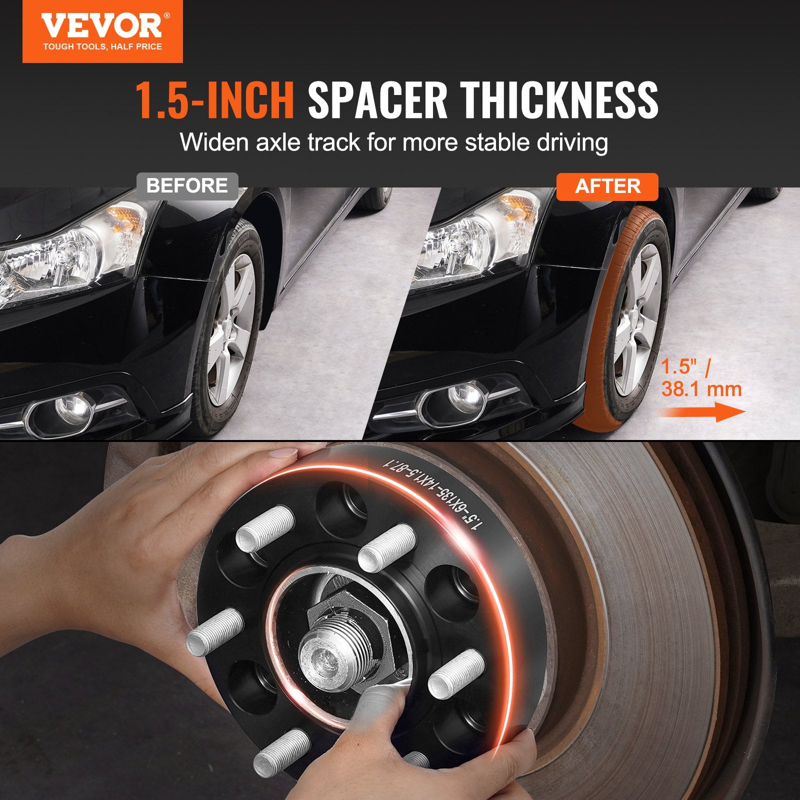 Wheel Spacers 1.5in 6x5.3in 6-Lug Hubcentric M14x1.5 Studs 4PCS Black