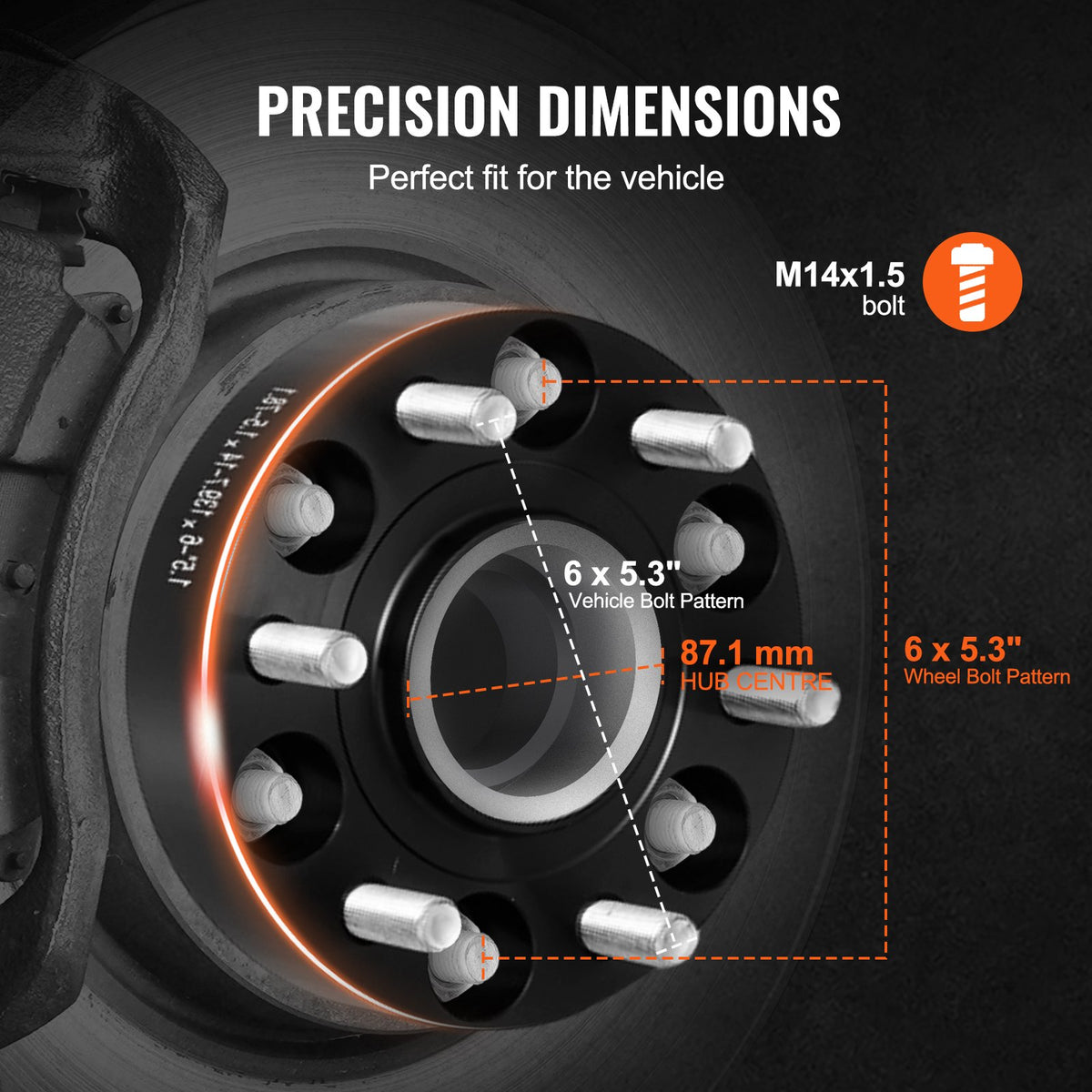 Wheel Spacers 1.5in 6x5.3in 6-Lug Hubcentric M14x1.5 Studs 4PCS Black