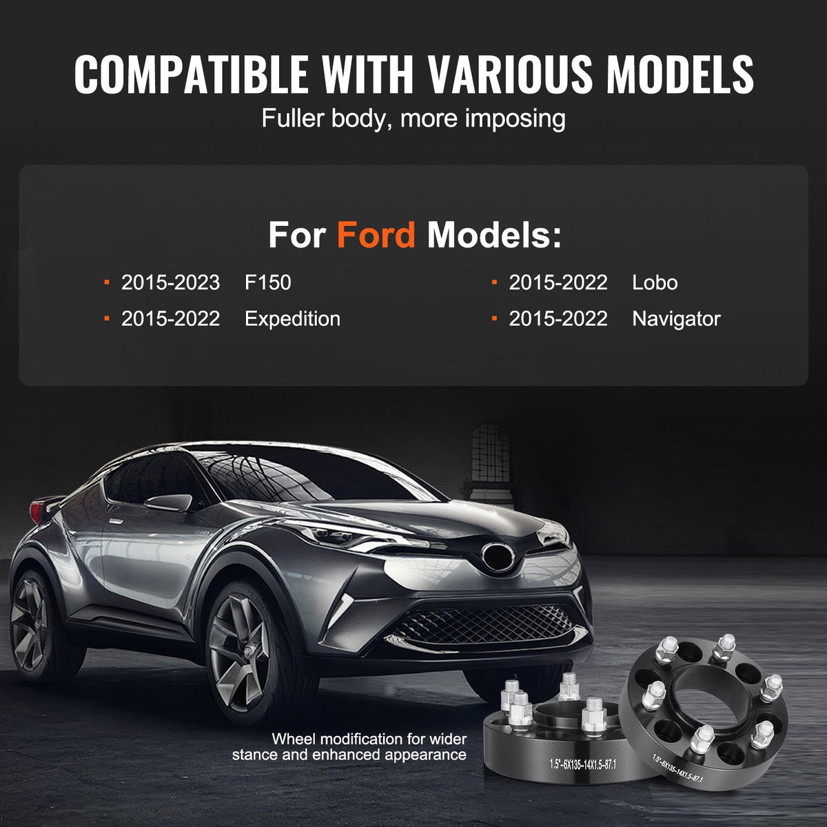 Wheel Spacers 1.5in 6x5.3in 6-Lug Hubcentric M14x1.5 Studs 4PCS Black
