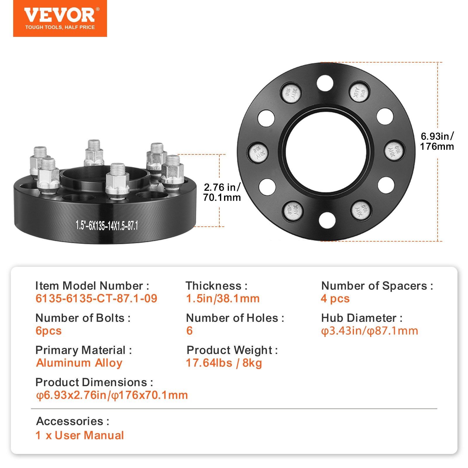 Wheel Spacers 1.5in 6x5.3in 6-Lug Hubcentric M14x1.5 Studs 4PCS Black