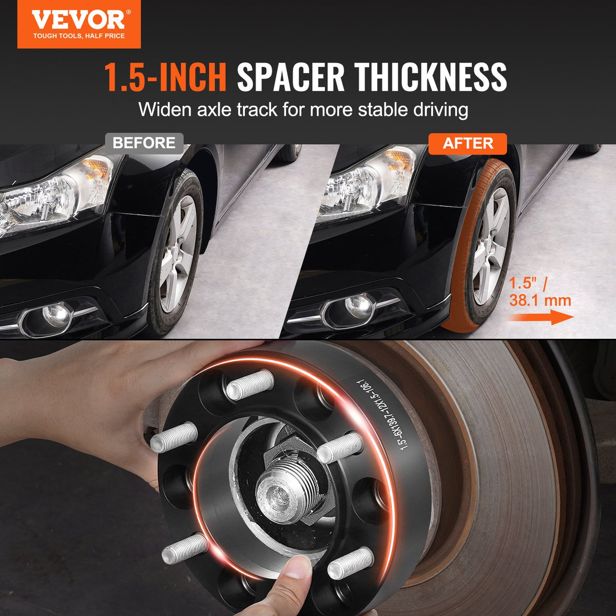 Wheel Spacers 1.5in 6x5.5in 6-Lug Hubcentric M12x1.5 Studs 4PCS Black