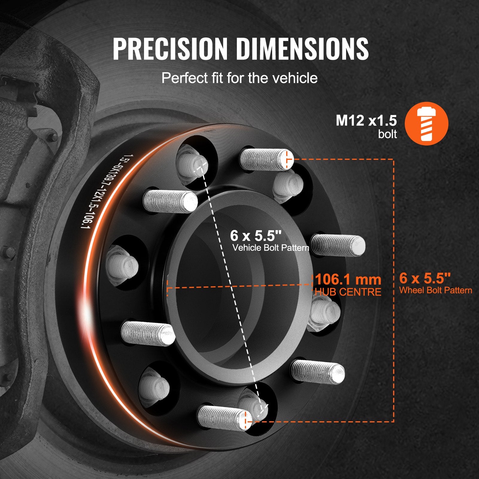 Wheel Spacers 1.5in 6x5.5in 6-Lug Hubcentric M12x1.5 Studs 4PCS Black