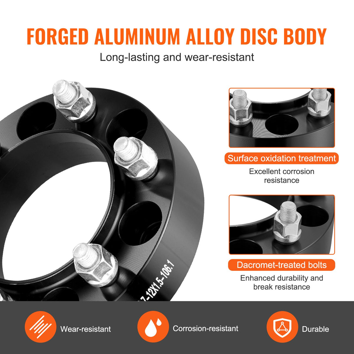 Wheel Spacers 1.5in 6x5.5in 6-Lug Hubcentric M12x1.5 Studs 4PCS Black