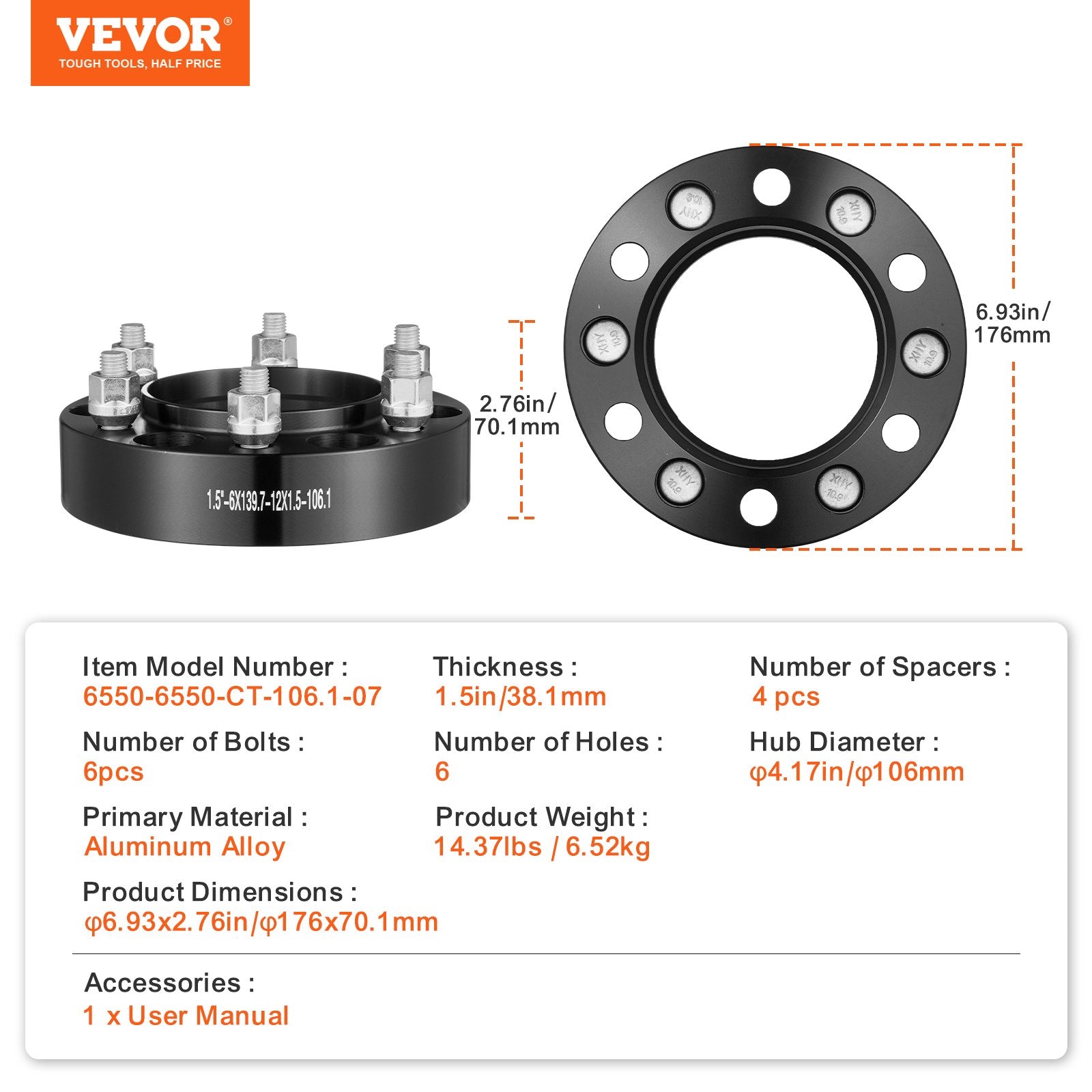 Wheel Spacers 1.5in 6x5.5in 6-Lug Hubcentric M12x1.5 Studs 4PCS Black