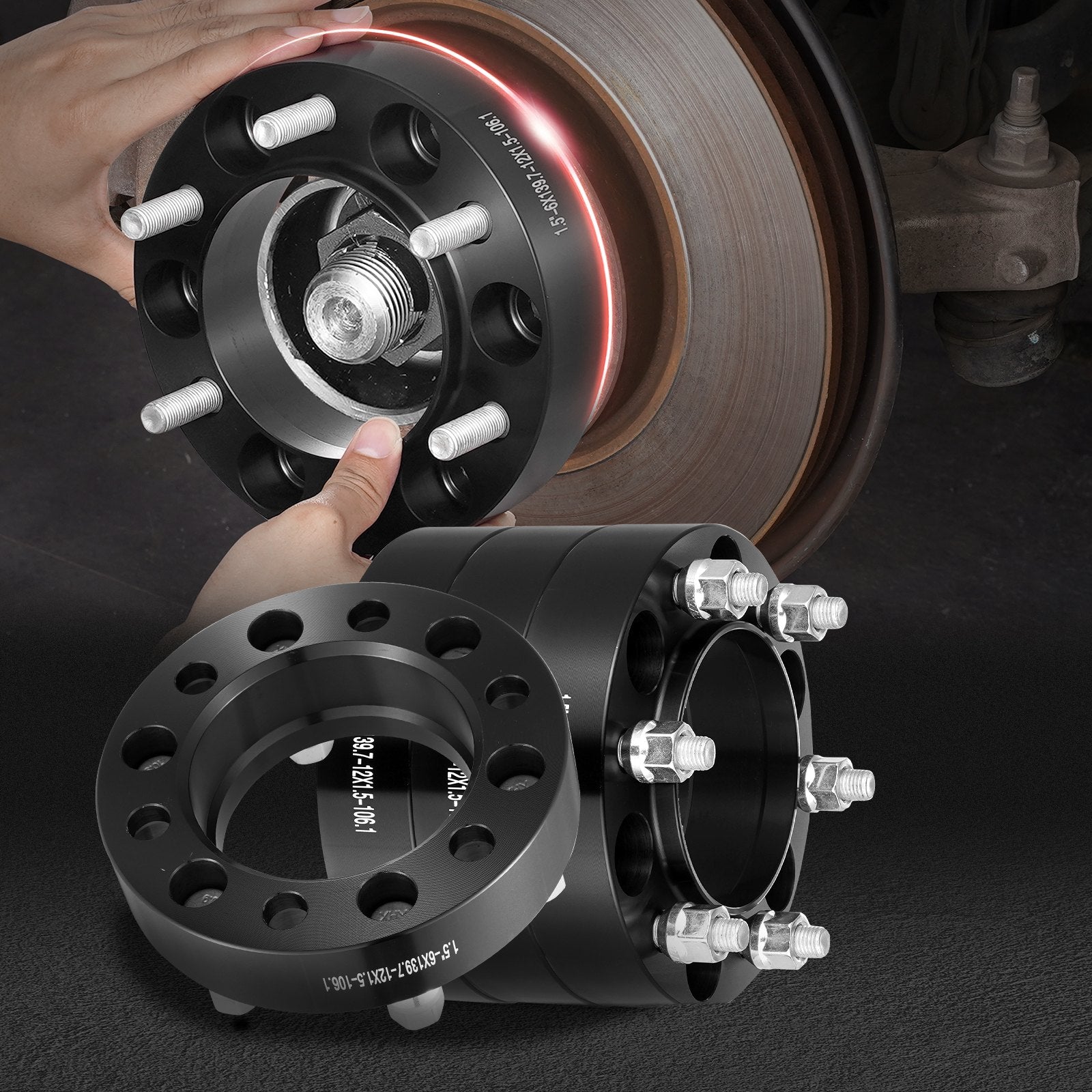 Wheel Spacers 1.5in 6x5.5in 6-Lug Hubcentric M12x1.5 Studs 4PCS Black