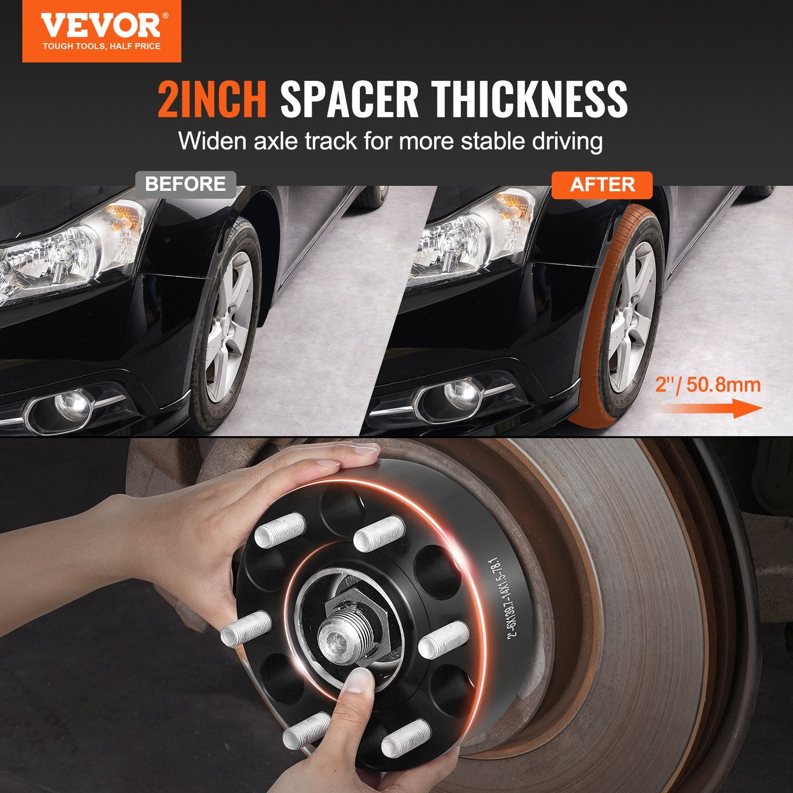 Wheel Spacers 2in 6x5.5in 6-Lug Hubcentric M14x1.5 Studs 4PCS Black