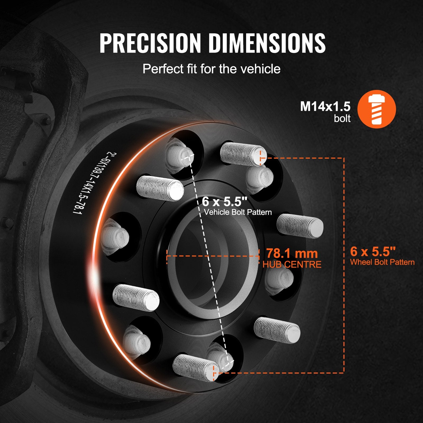 Wheel Spacers 2in 6x5.5in 6-Lug Hubcentric M14x1.5 Studs 4PCS Black