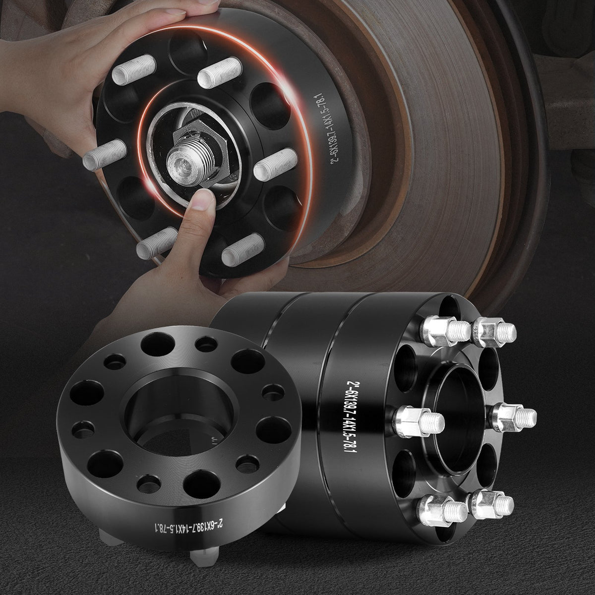 Wheel Spacers 2in 6x5.5in 6-Lug Hubcentric M14x1.5 Studs 4PCS Black