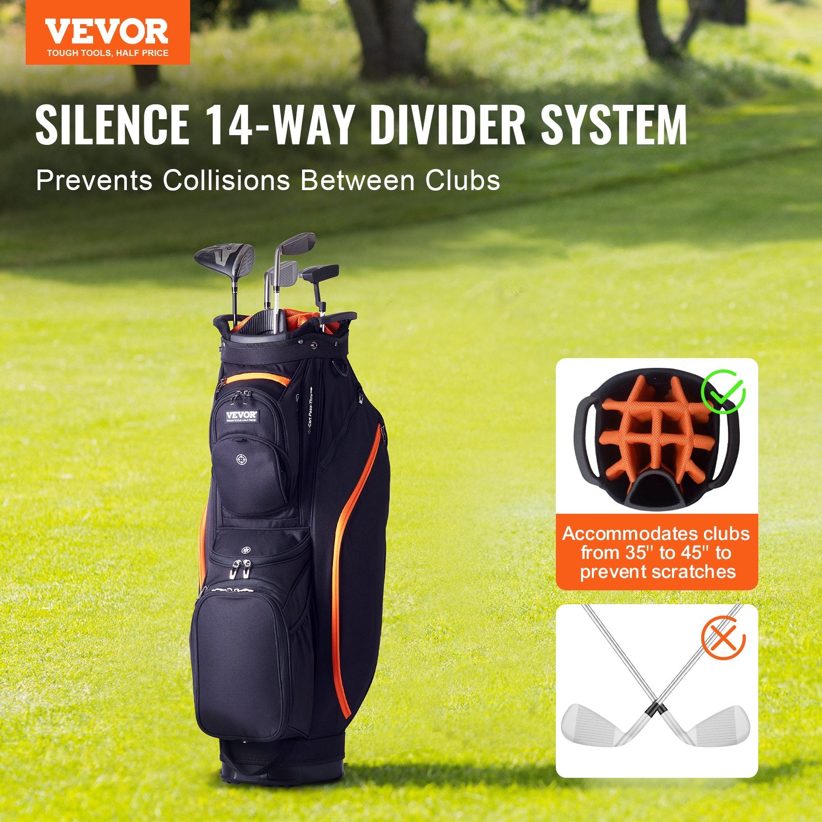 Golf Cart Bag 14-Way Top Organizer 36" 13 Pockets with Handles Black & Orange