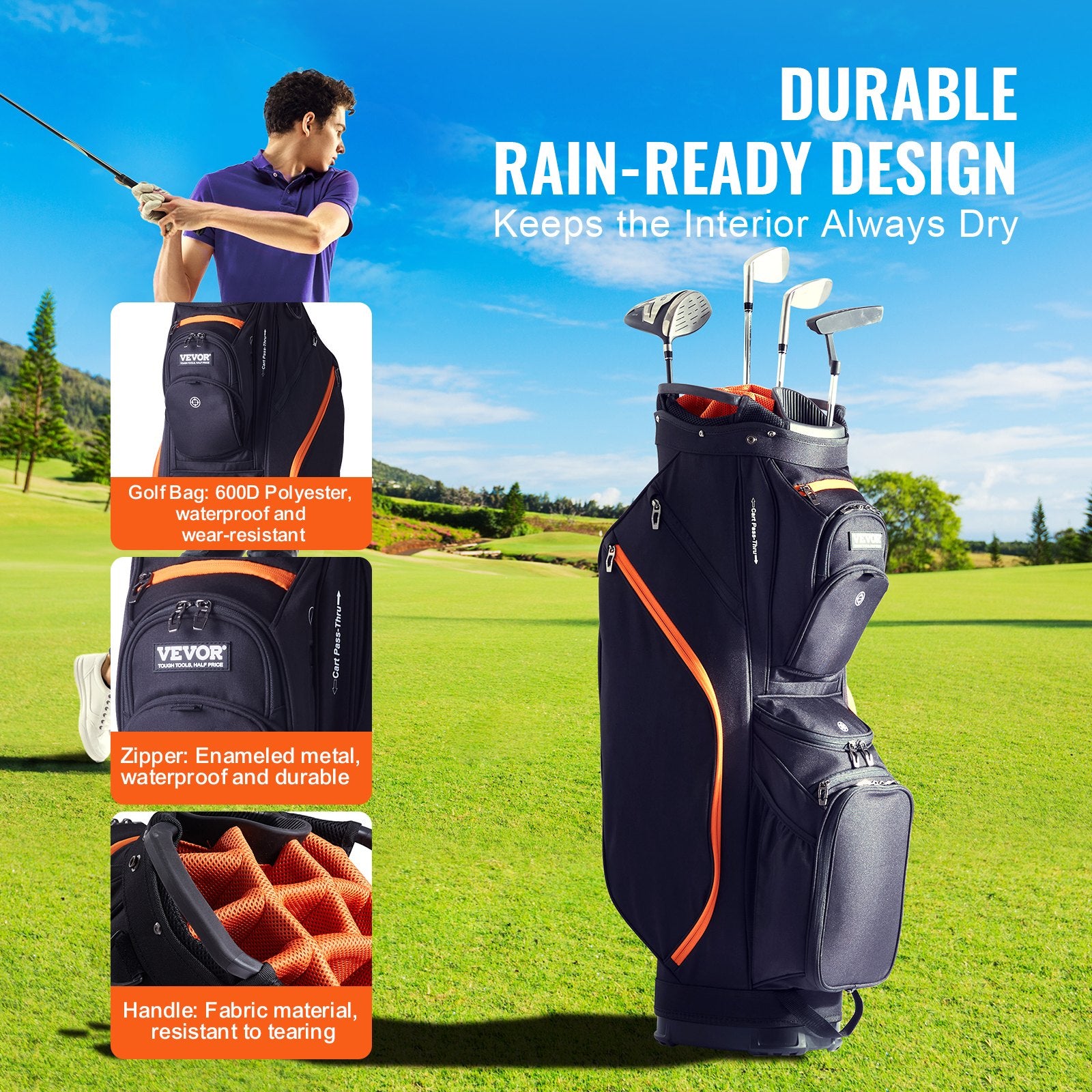 Golf Cart Bag 14-Way Top Organizer 36" 13 Pockets with Handles Black & Orange