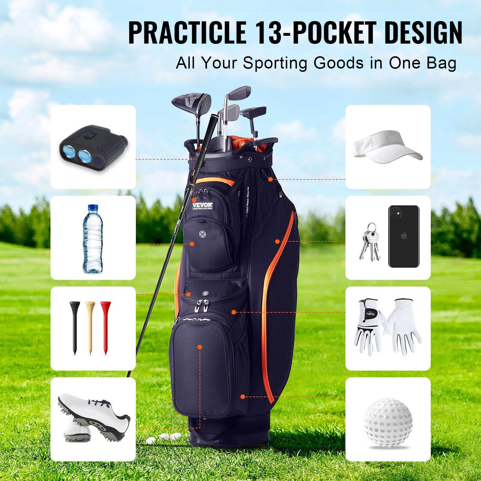 Golf Cart Bag 14-Way Top Organizer 36" 13 Pockets with Handles Black & Orange