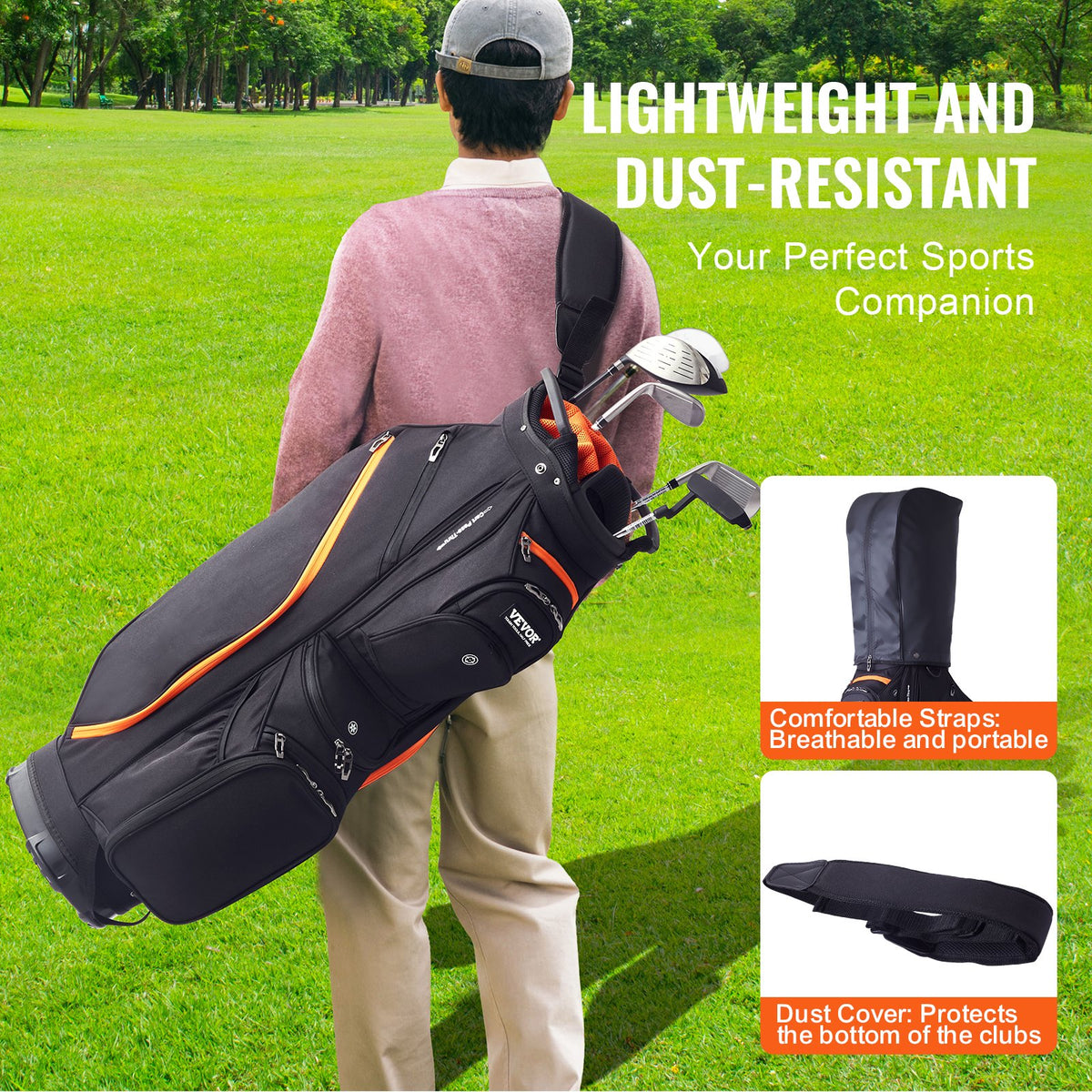 Golf Cart Bag 14-Way Top Organizer 36" 13 Pockets with Handles Black & Orange