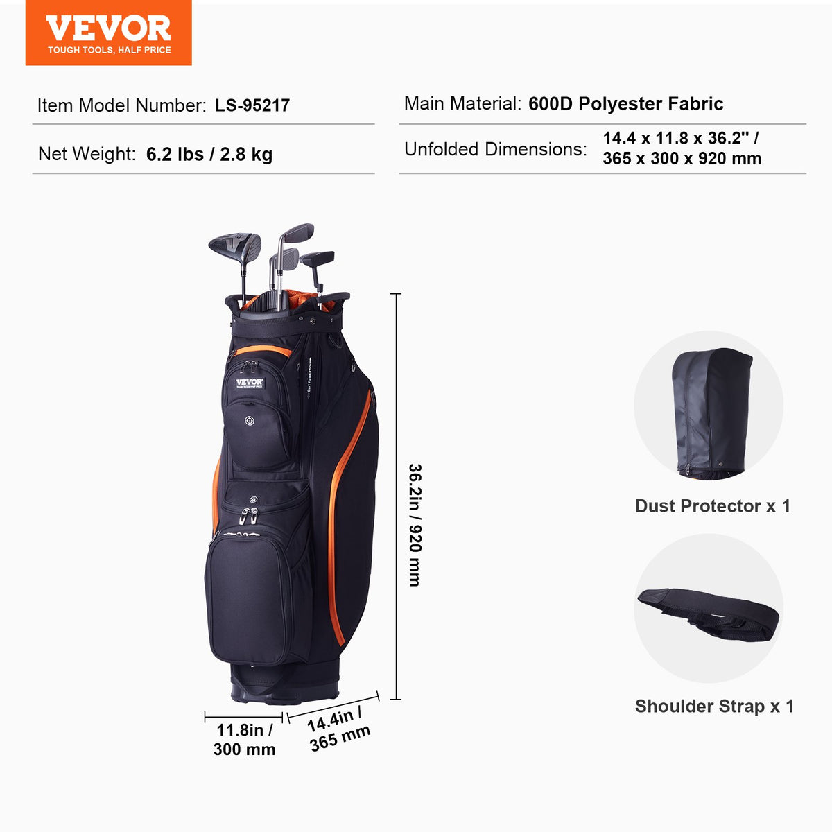 Golf Cart Bag 14-Way Top Organizer 36" 13 Pockets with Handles Black & Orange