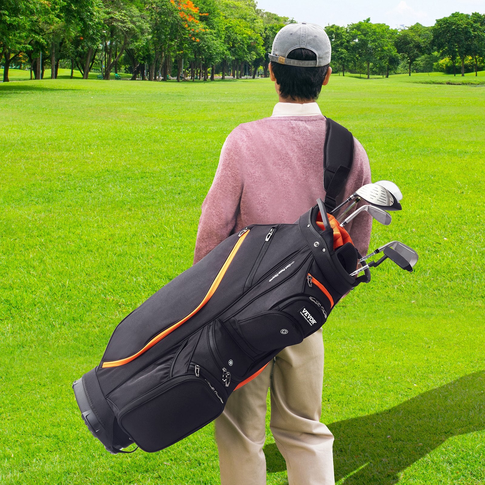 Golf Cart Bag 14-Way Top Organizer 36" 13 Pockets with Handles Black & Orange