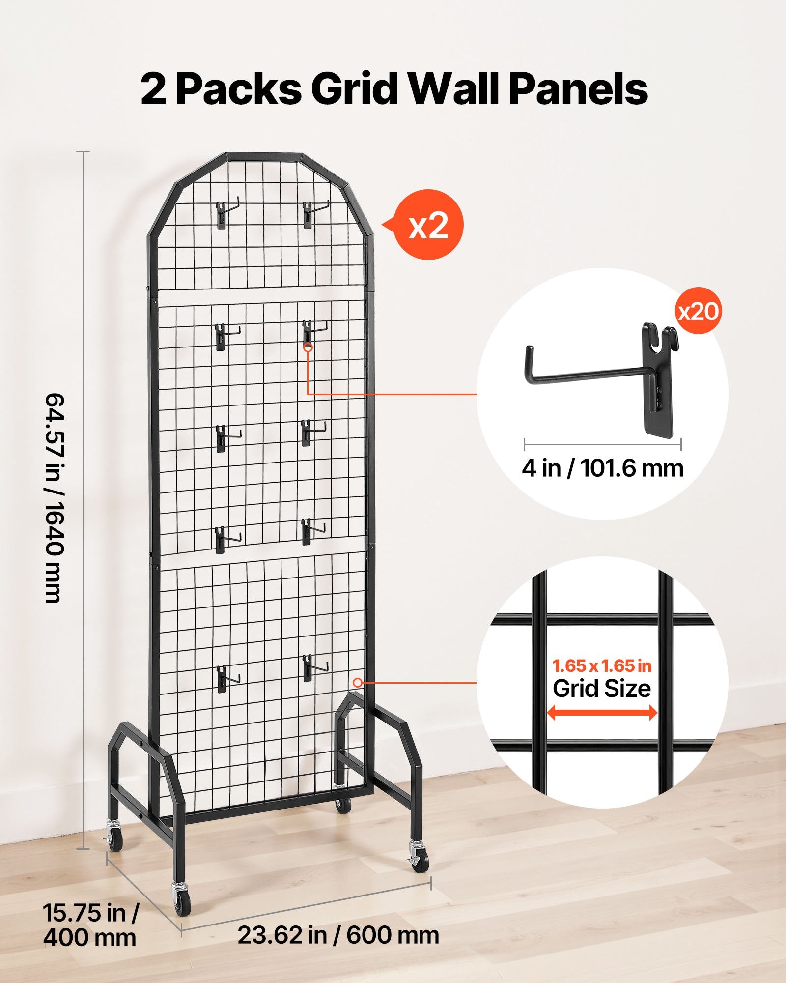 Grid Wall Panels 2-Pack 600x1640mm Display Rack with Wheels Hooks Black Steel