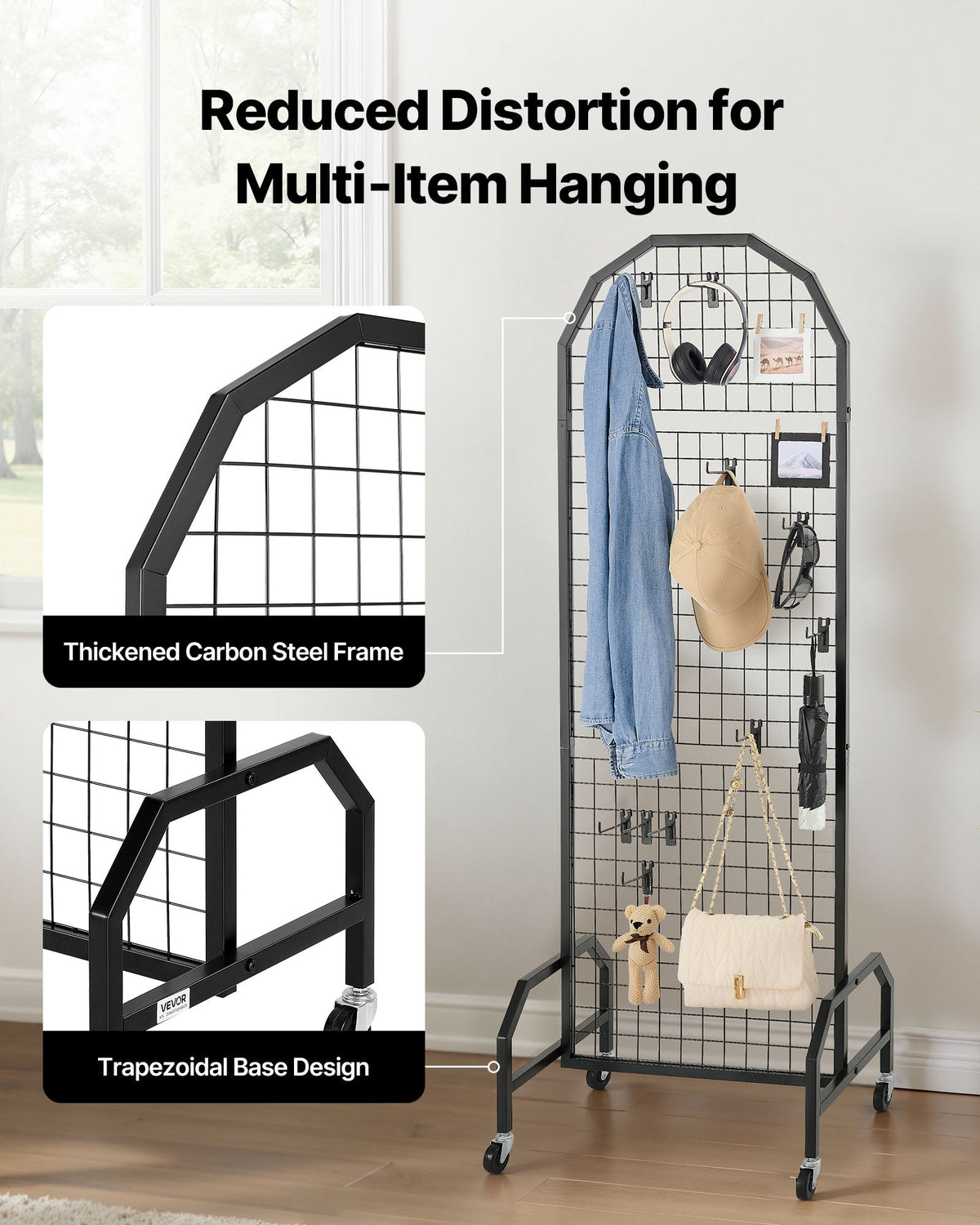 Grid Wall Panels 2-Pack 600x1640mm Display Rack with Wheels Hooks Black Steel
