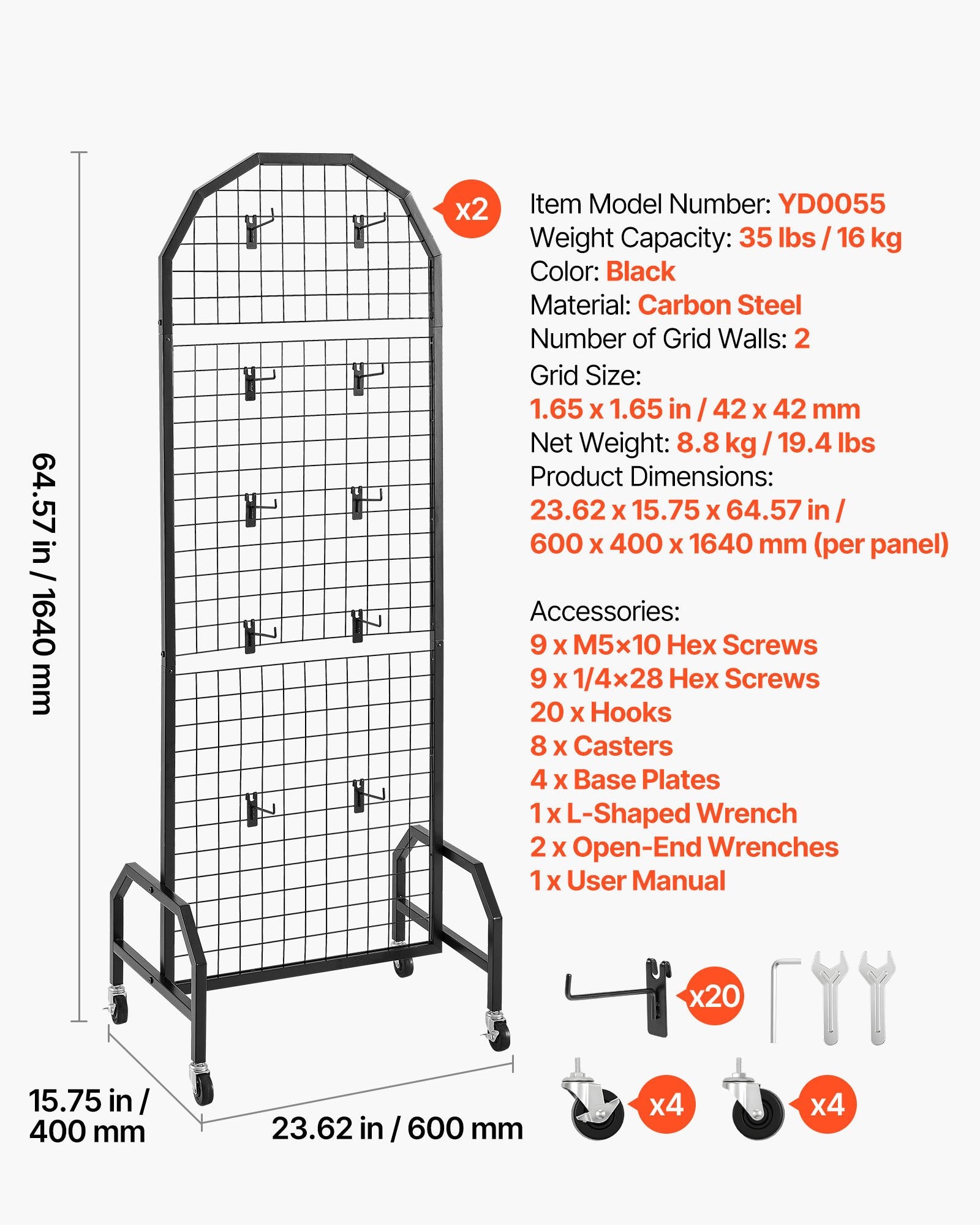 Grid Wall Panels 2-Pack 600x1640mm Display Rack with Wheels Hooks Black Steel