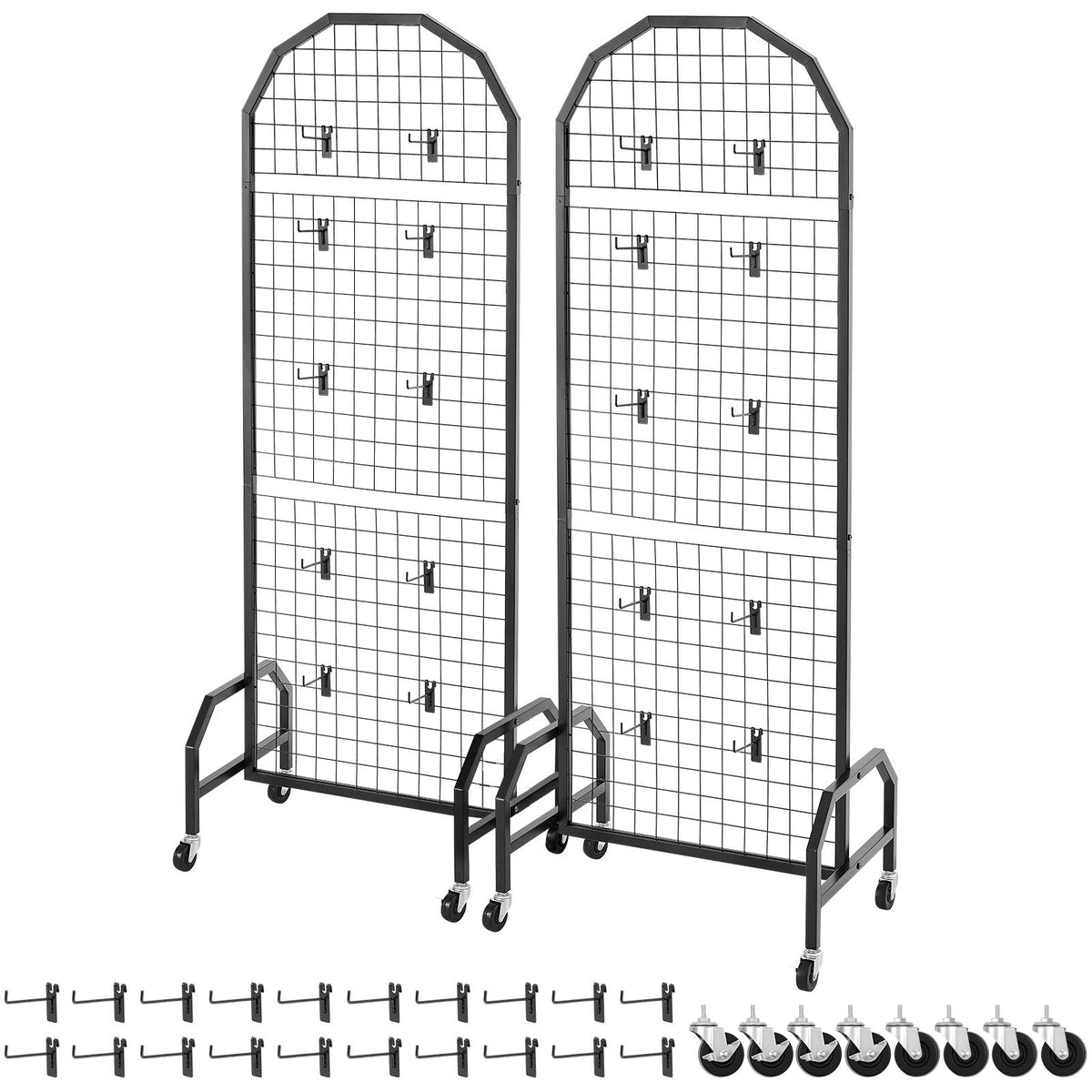 Grid Wall Panels 2-Pack 600x1640mm Display Rack with Wheels Hooks Black Steel