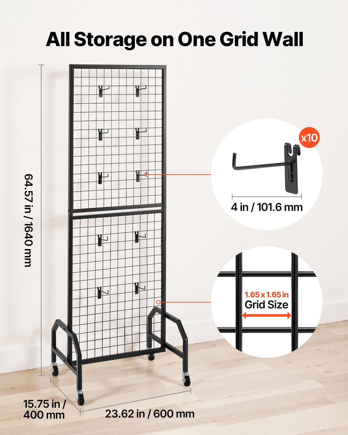 Grid Wall Panel 600x1640mm Movable Display Rack with Wheels Hooks Black Steel
