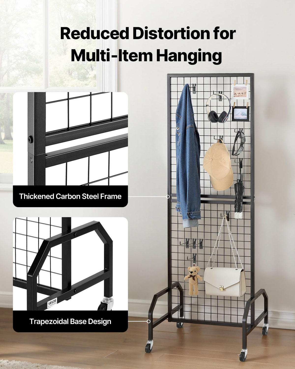 Grid Wall Panel 600x1640mm Movable Display Rack with Wheels Hooks Black Steel