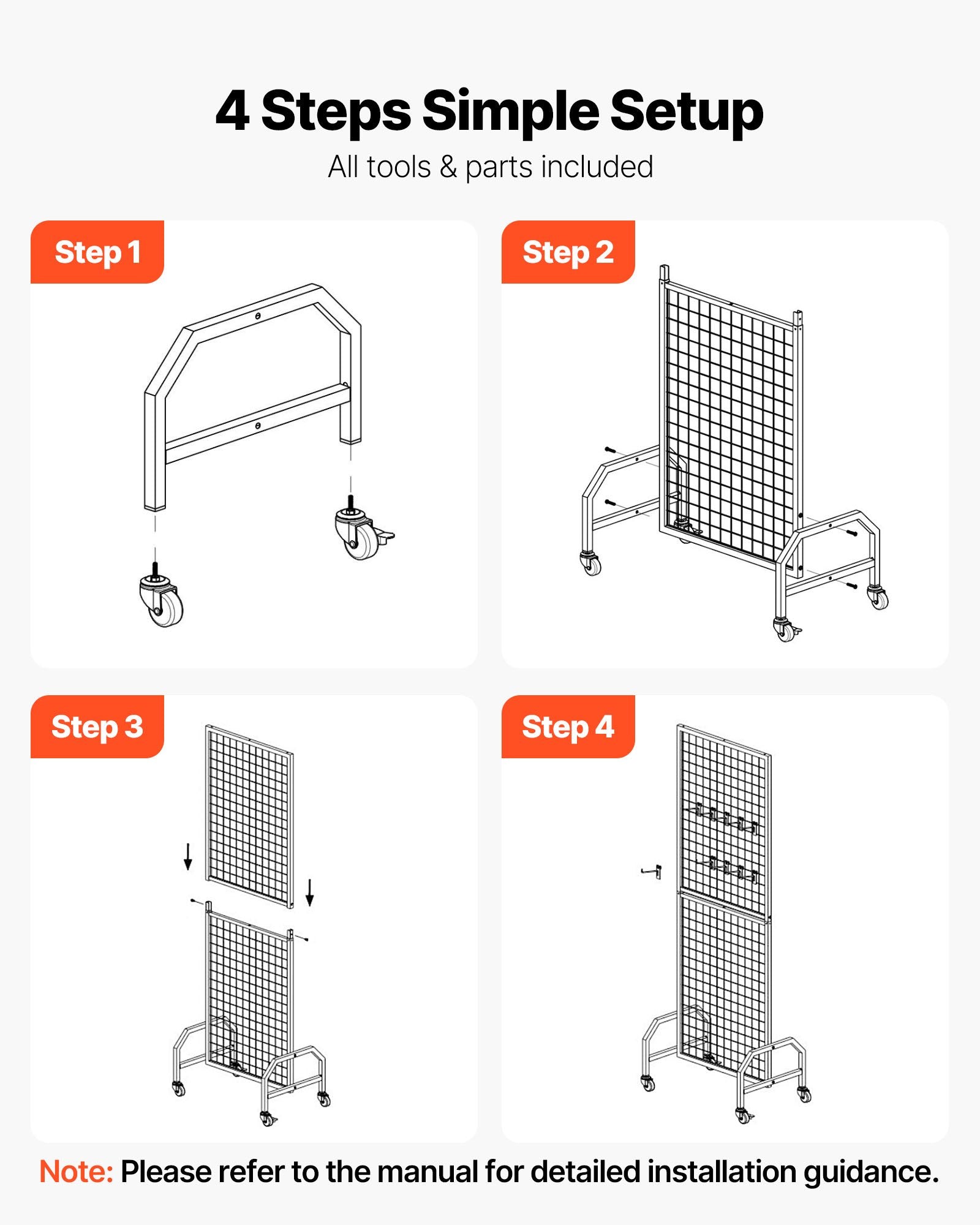 Grid Wall Panel 600x1640mm Movable Display Rack with Wheels Hooks Black Steel