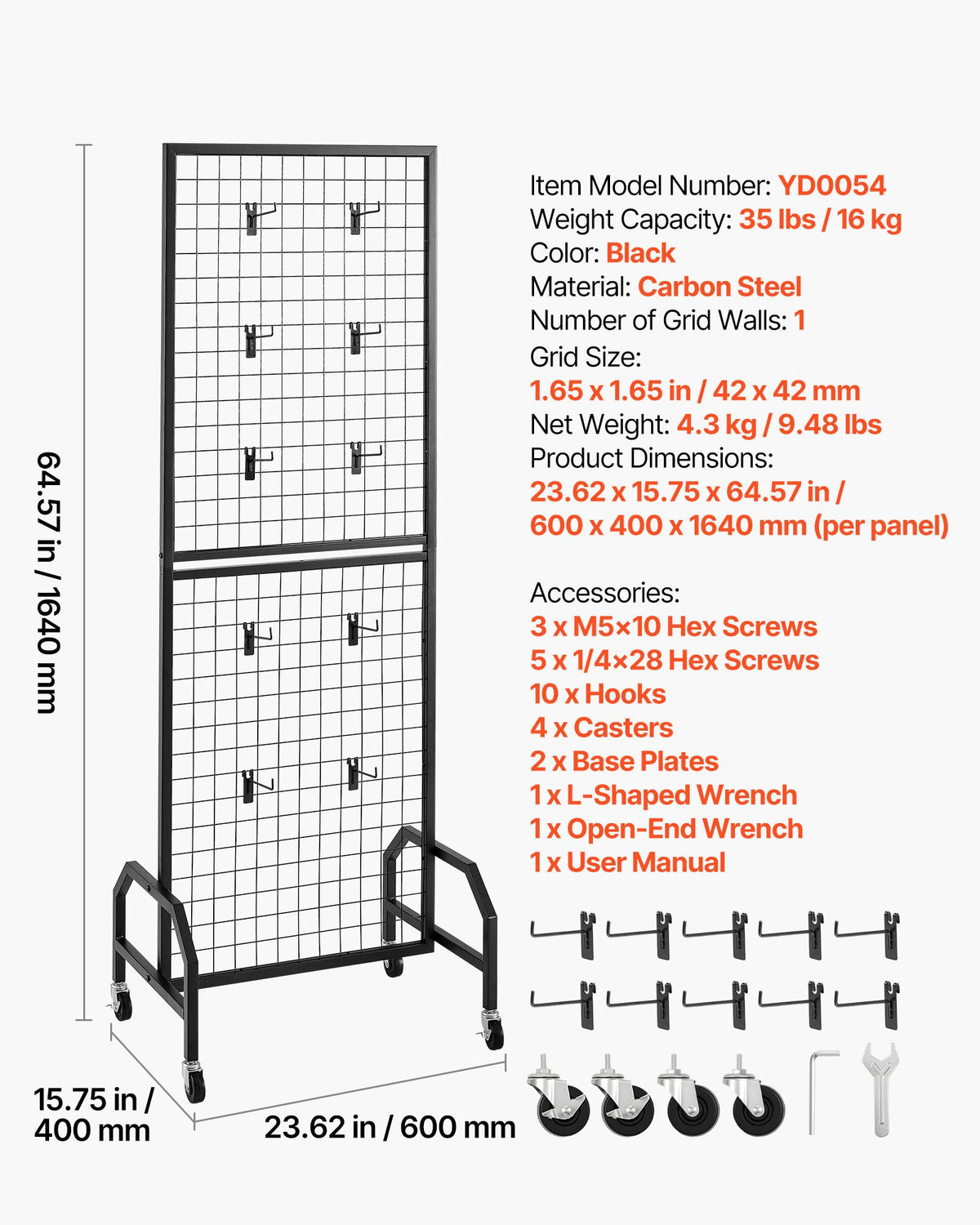 Grid Wall Panel 600x1640mm Movable Display Rack with Wheels Hooks Black Steel