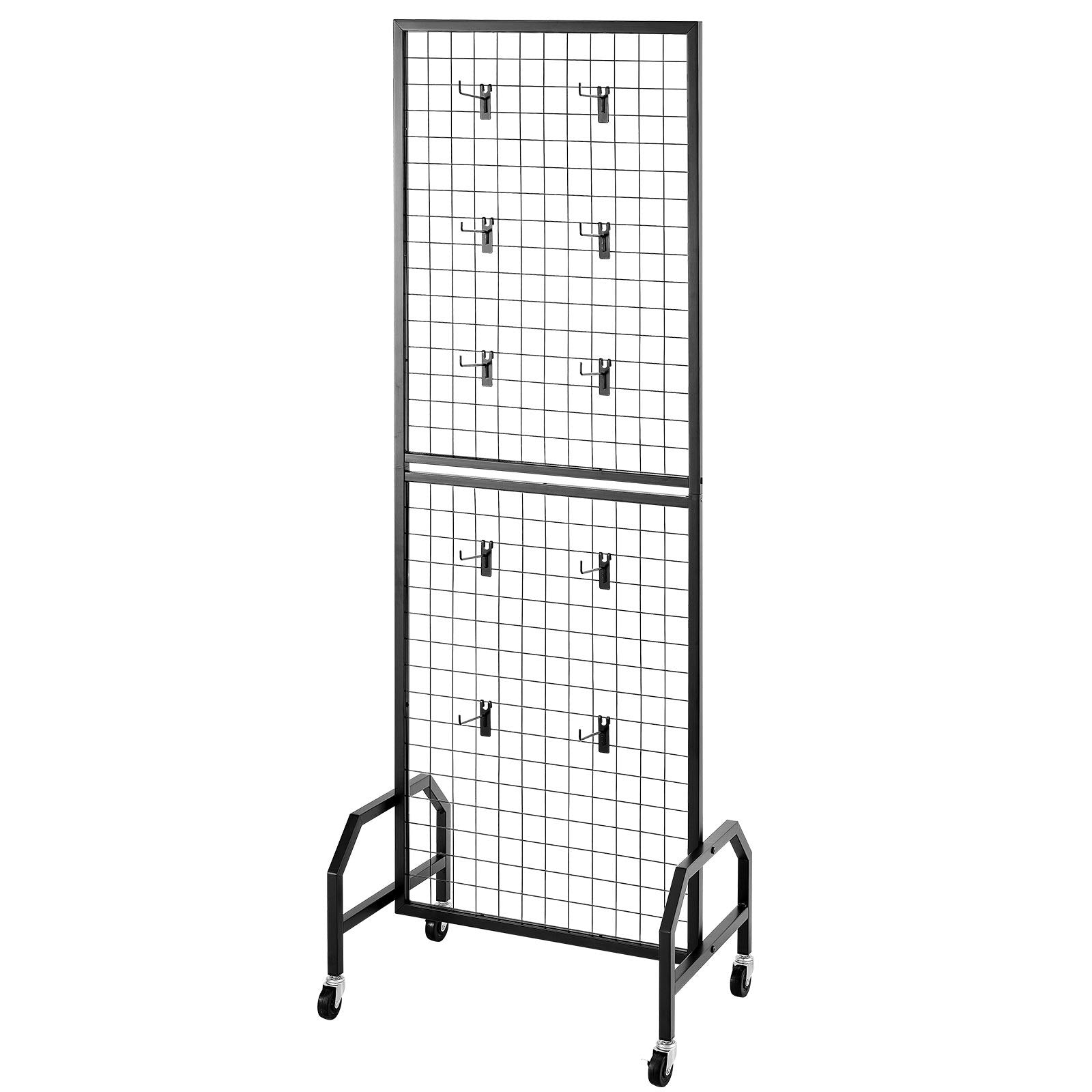 Grid Wall Panel 600x1640mm Movable Display Rack with Wheels Hooks Black Steel