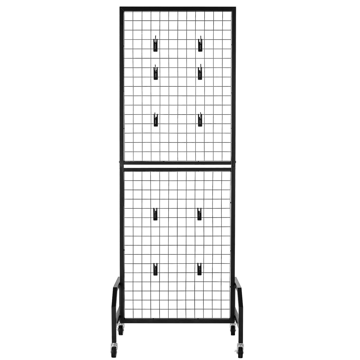 Grid Wall Panel 600x1640mm Movable Display Rack with Wheels Hooks Black Steel