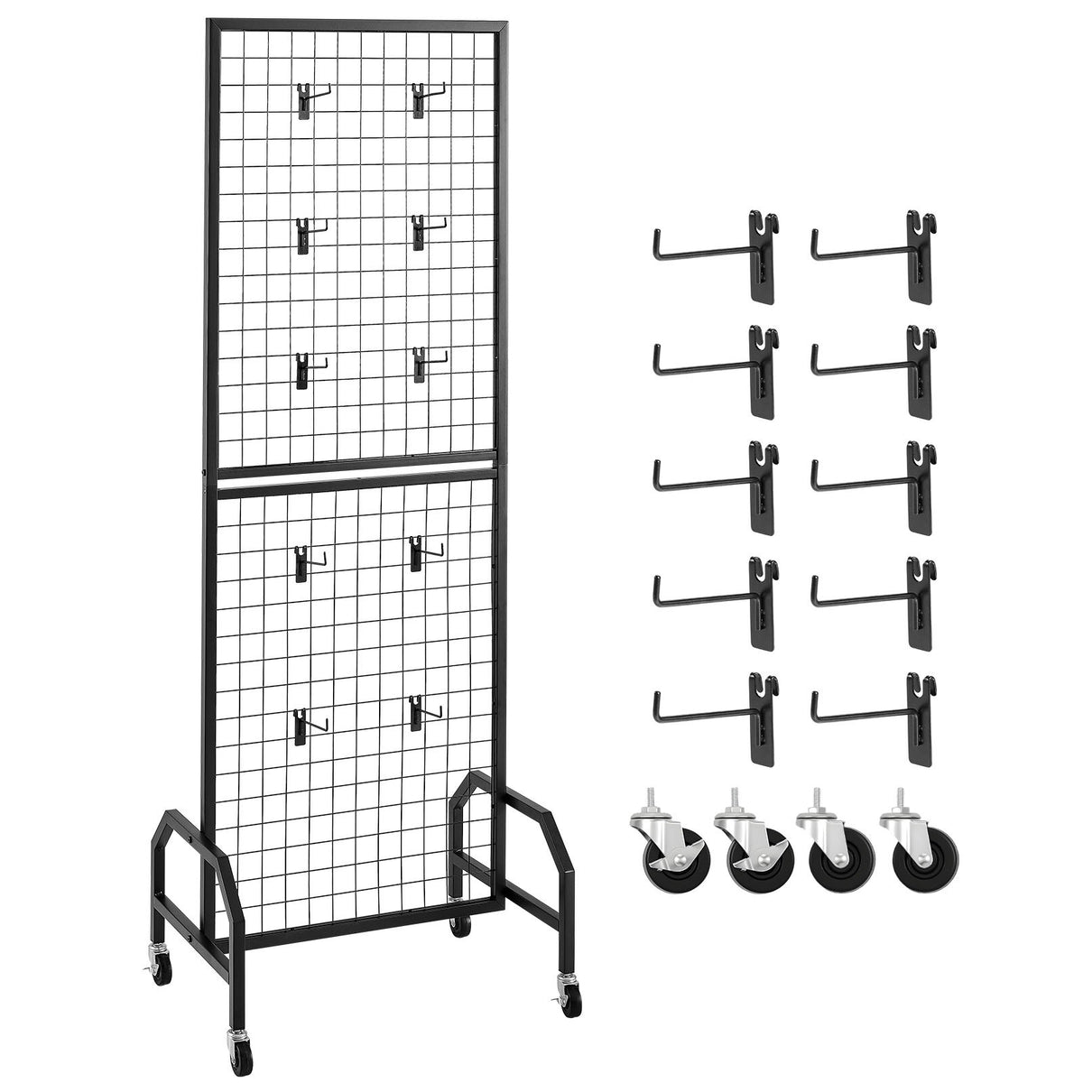 Grid Wall Panel 600x1640mm Movable Display Rack with Wheels Hooks Black Steel