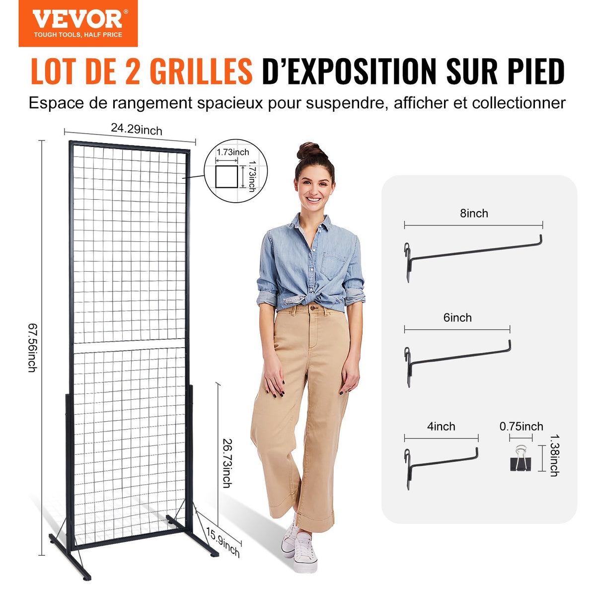 Grid Wall Panels Tower 2x5.6ft 2-Pack Double-Side Display Racks with Clips Hooks