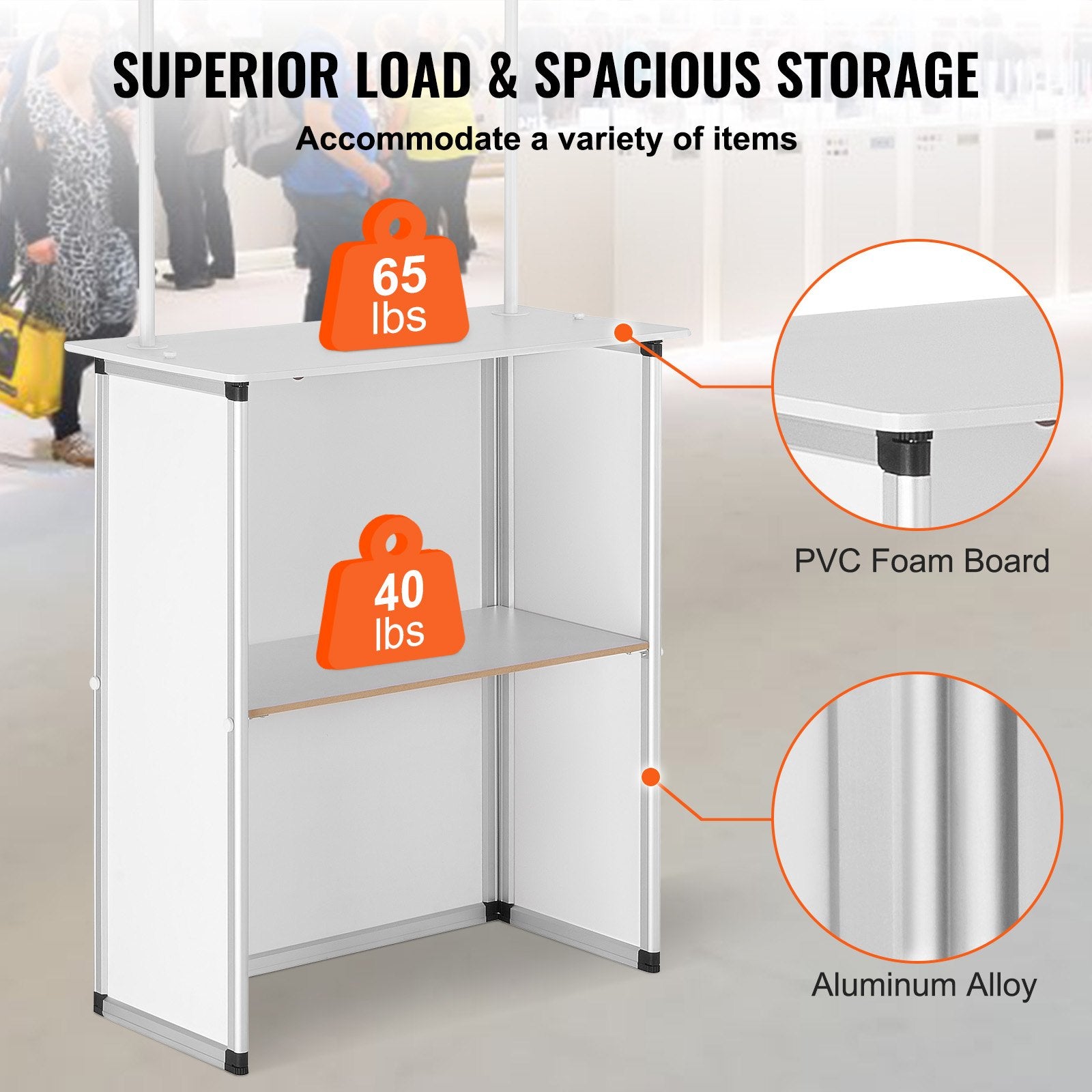 Portable Tradeshow Podium Table Foldable Exhibition Counter with Storage White