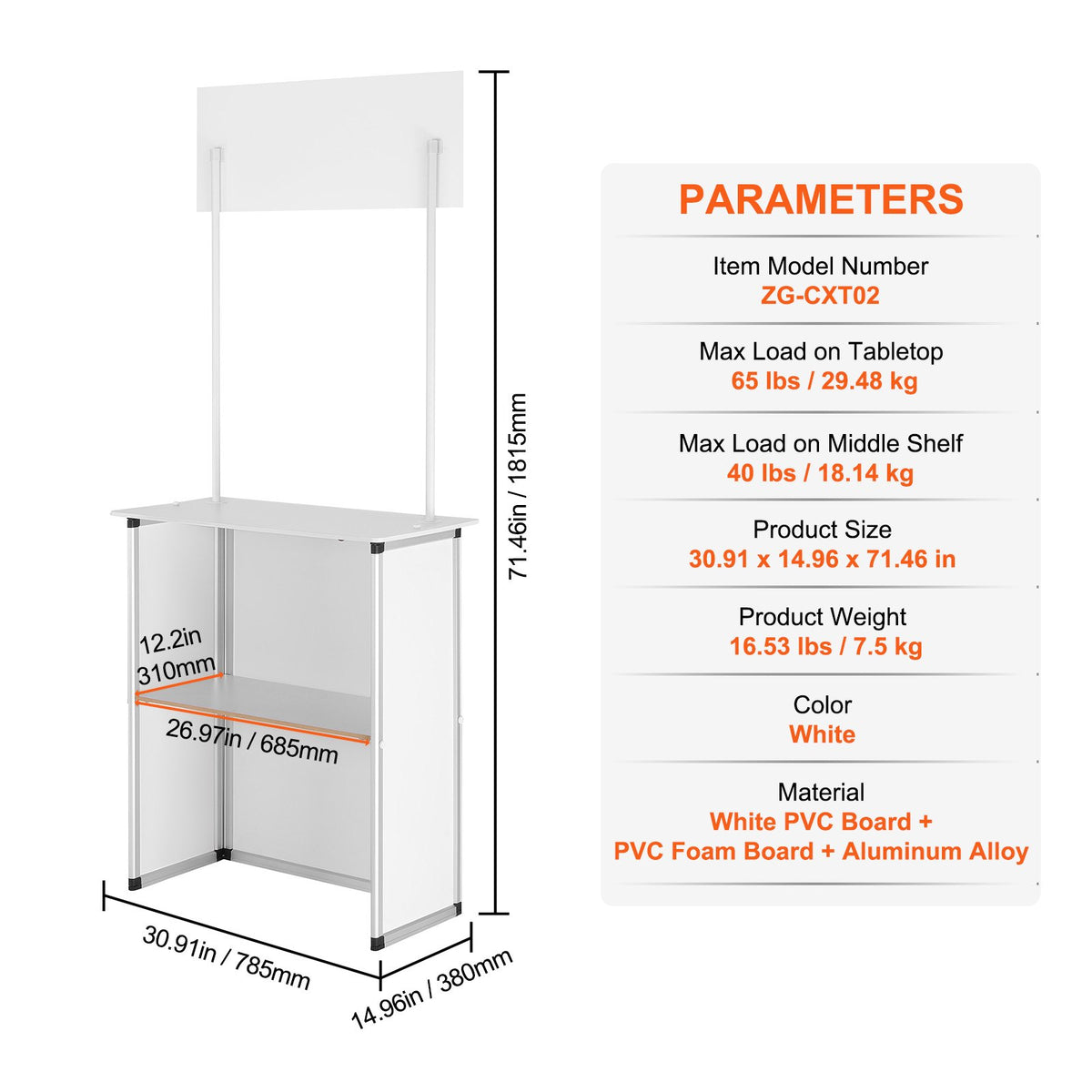 Portable Tradeshow Podium Table Foldable Exhibition Counter with Storage White