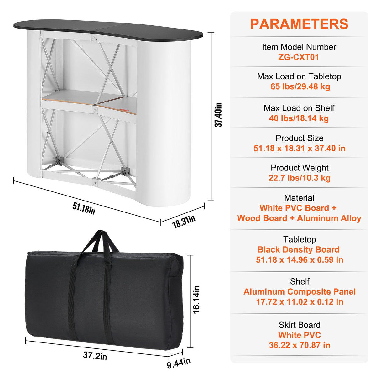 Portable Tradeshow Podium Table Foldable Exhibition Counter with Storage Black