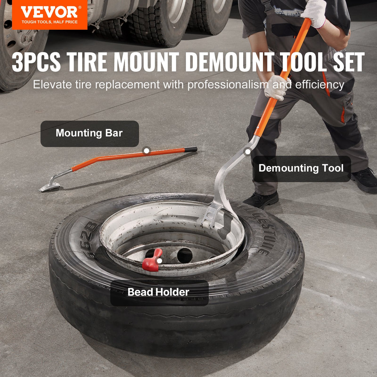 Manual Tire Mount Demount Tool 571–622 mm with Bead Holder, 3 PCS Steel Set