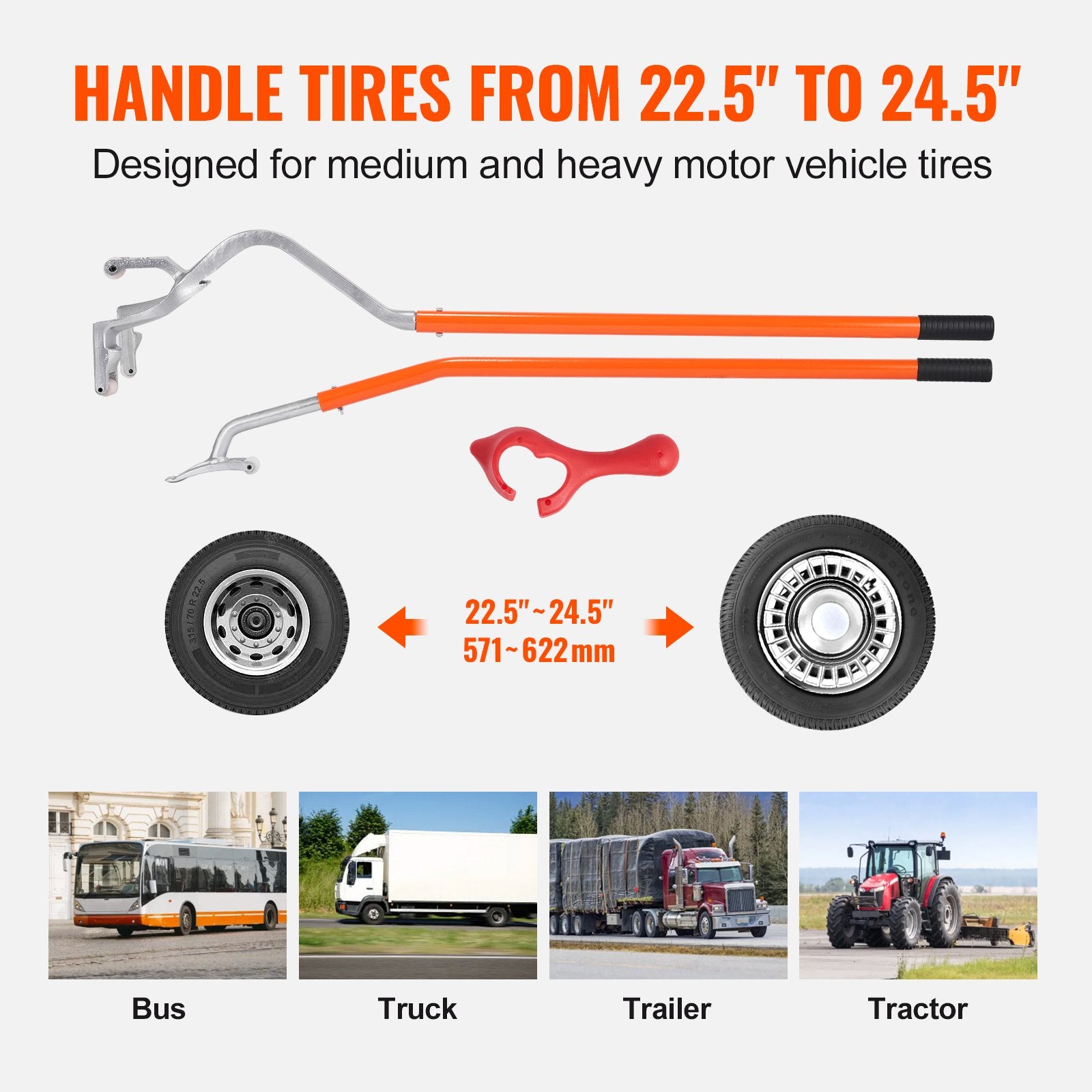 Manual Tire Mount Demount Tool 571–622 mm with Bead Holder, 3 PCS Steel Set