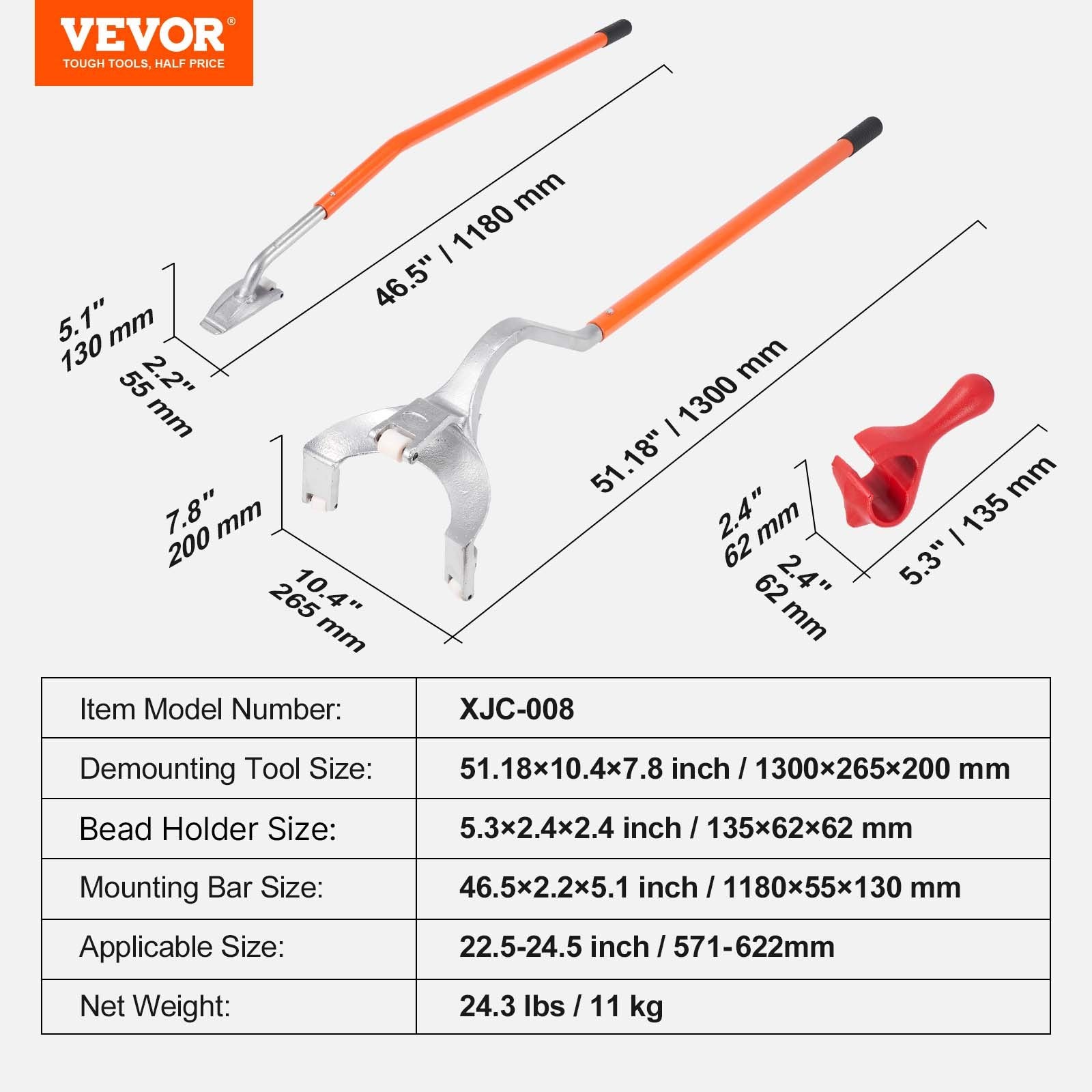 Manual Tire Mount Demount Tool 571–622 mm with Bead Holder, 3 PCS Steel Set