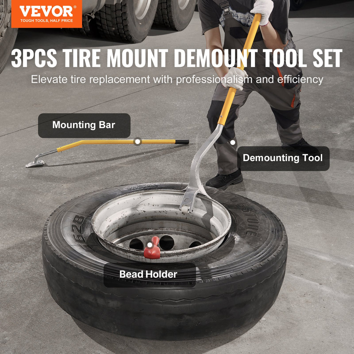 Tire Mount Demount Tool 571-622mm Manual Steel Tire Changer Bead Breaker 3Pcs
