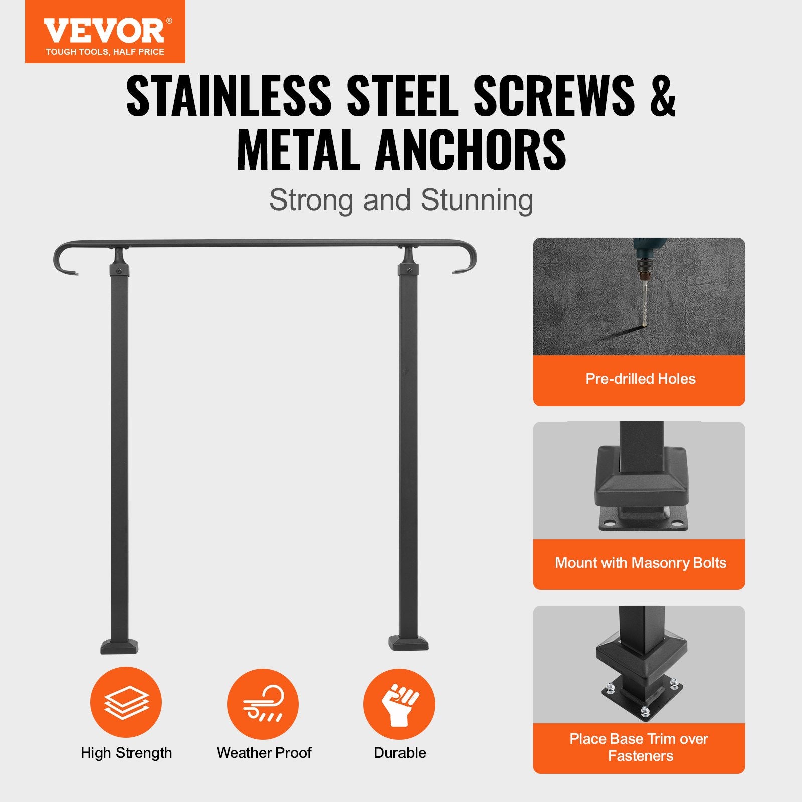 Wrought Iron Handrail Stair Railing Adjustable Fit 1-3 Steps